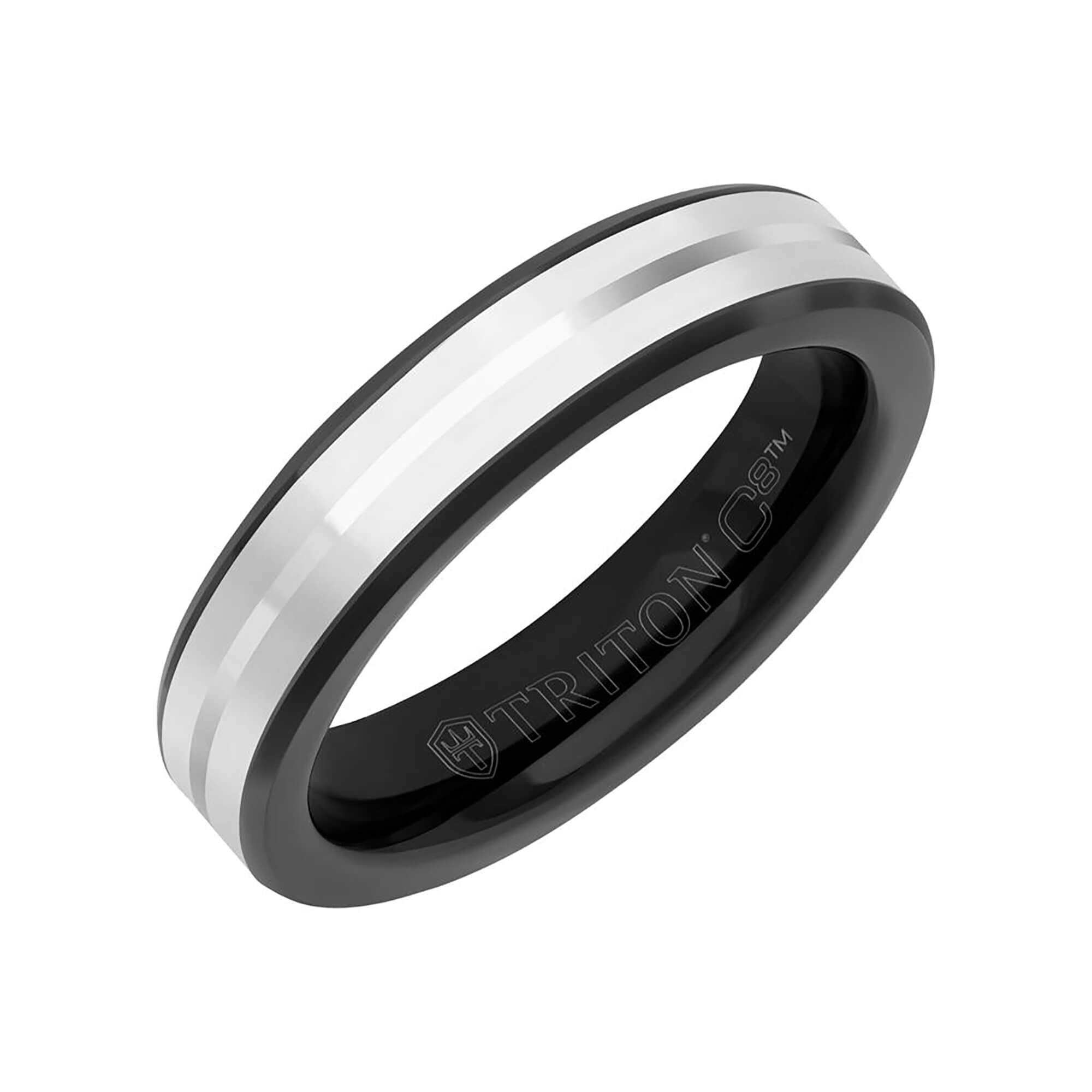 TRITON White Ceramic Inlay with Silver-tone Center Line and Broken Edge Band in Black Tungsten Carbide, 5MM