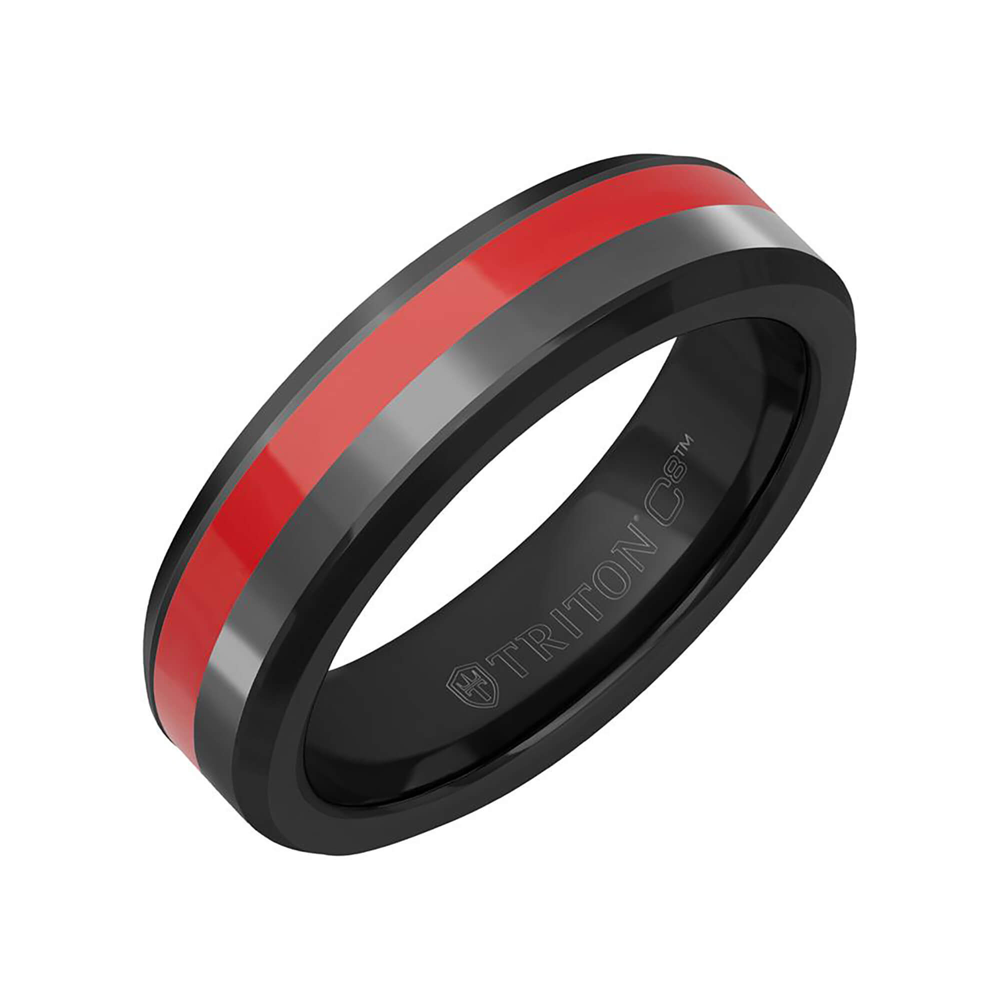 TRITON Red Ceramic Channel and Bevel Edge Band in Grey Tungsten Carbide, 6MM