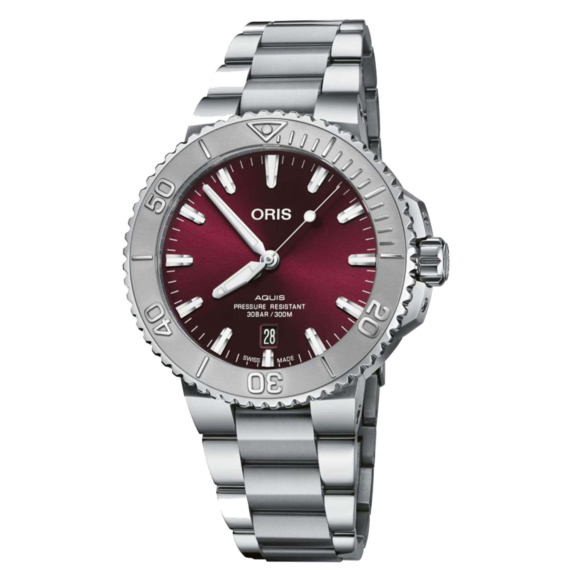 Oris Aquis Date Relief Watch Cherry Red Dial Steel Bracelet, 41.5mm
