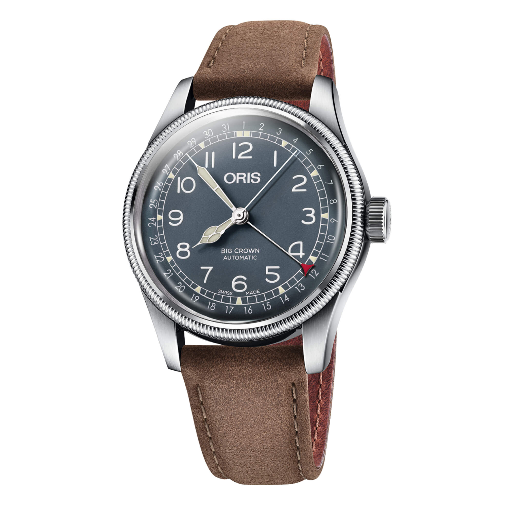 Oris Big Crown Pointer Date Watch Blue Dial Brown Leather Strap, 40mm