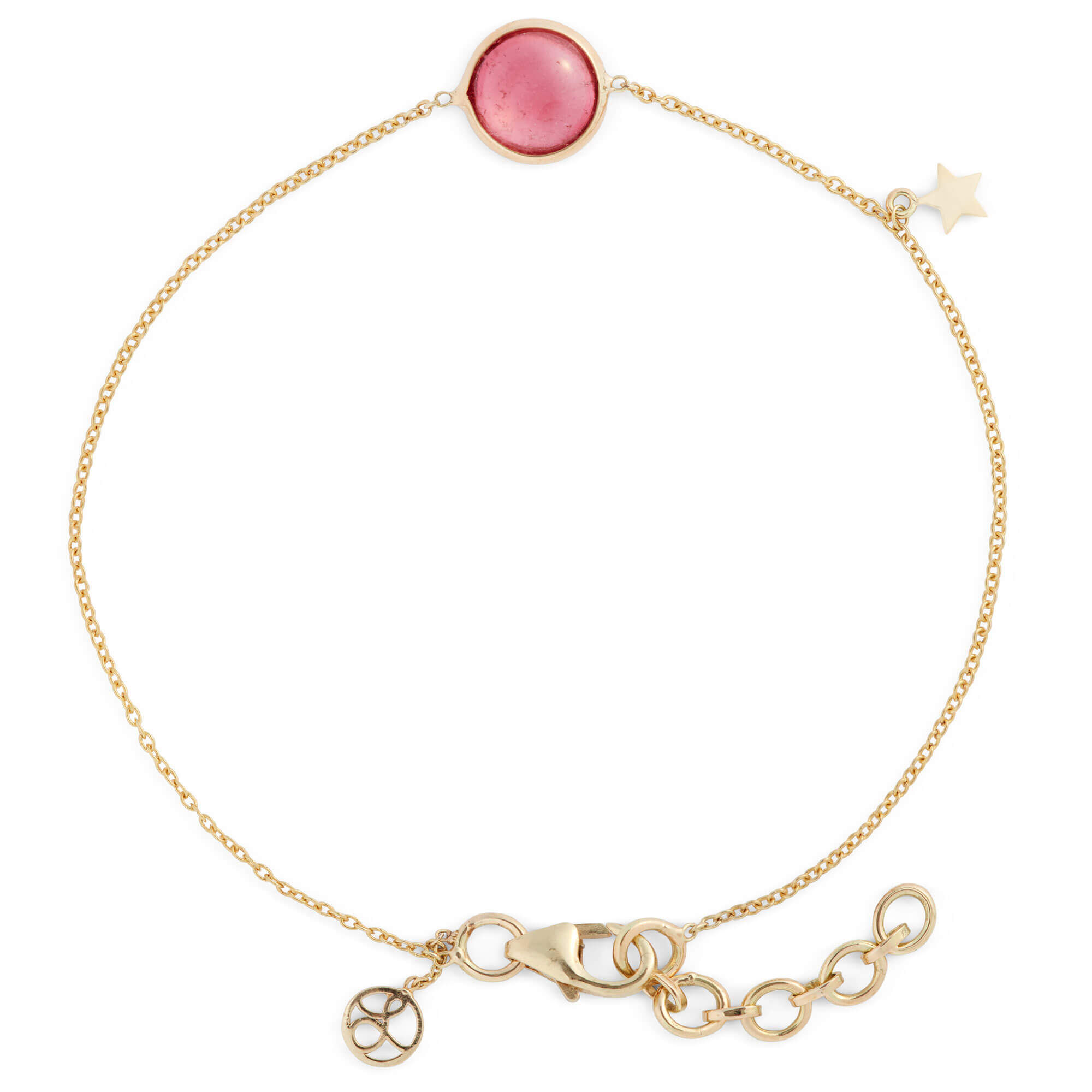 Round Pink Tourmaline and Star Dangle Bracelet, 14K Yellow Gold