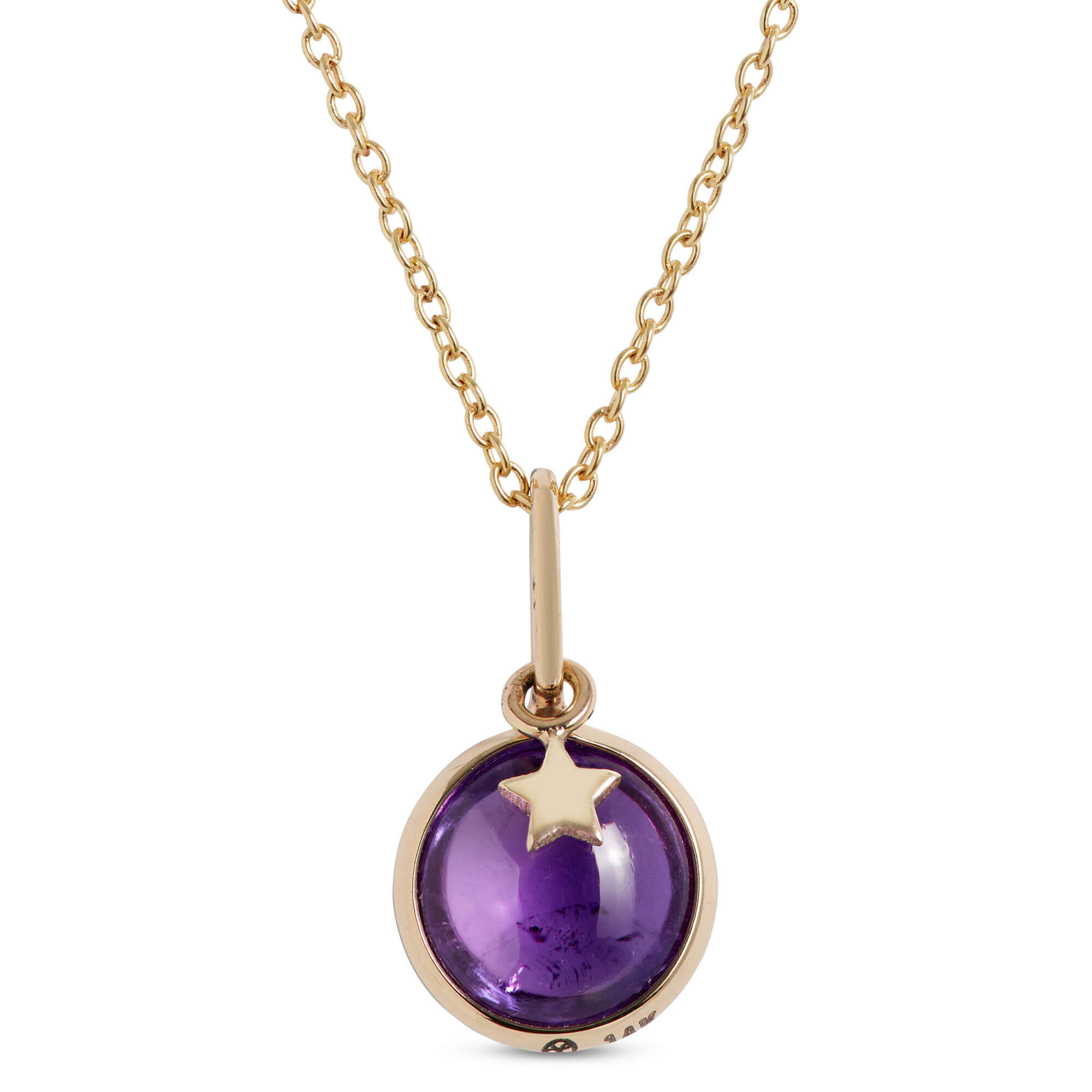 Round Amethyst Pendant Necklace with Star Overlay, 14K Yellow Gold