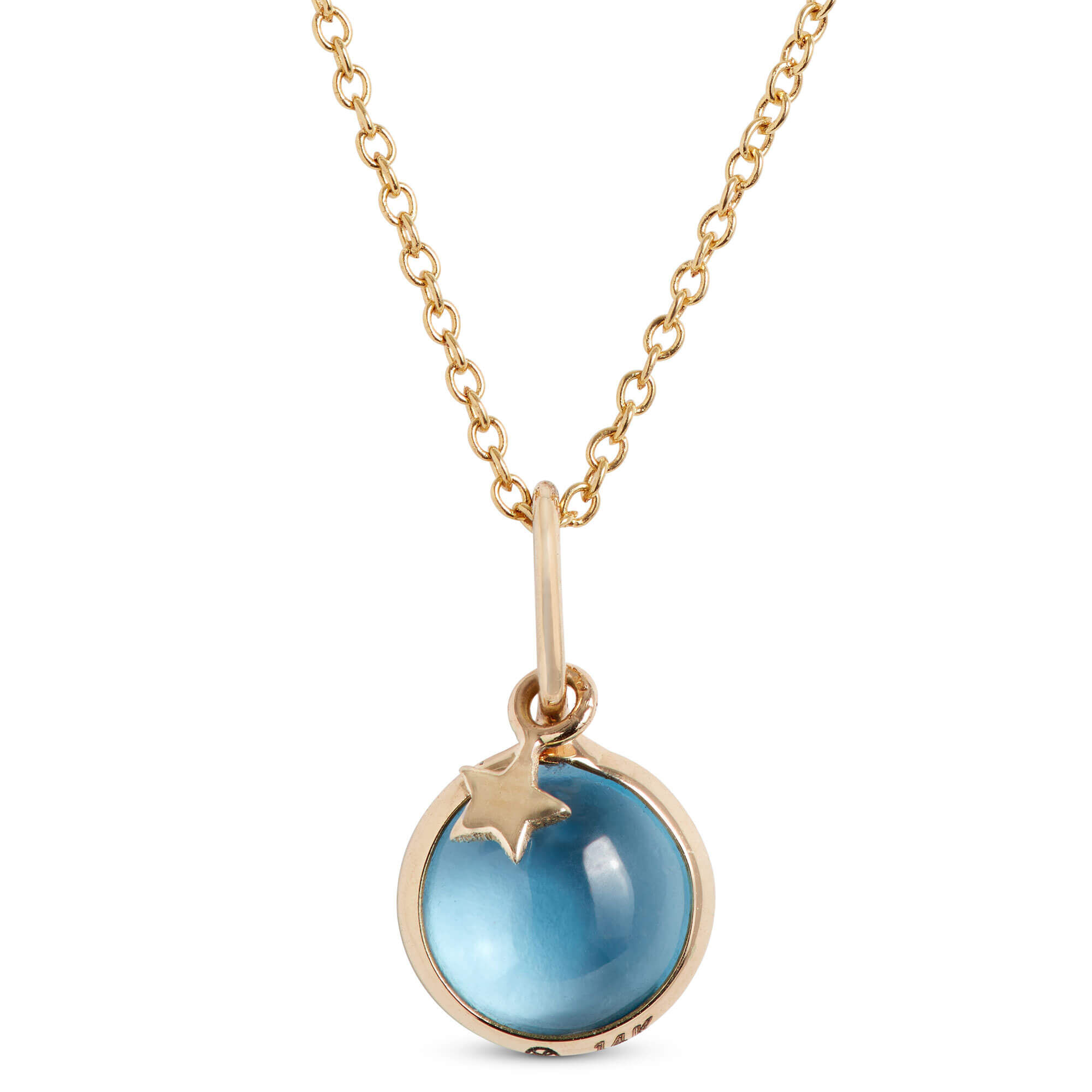 Round Blue Topaz Pendant Necklace with Star Overlay, 14K Yellow Gold