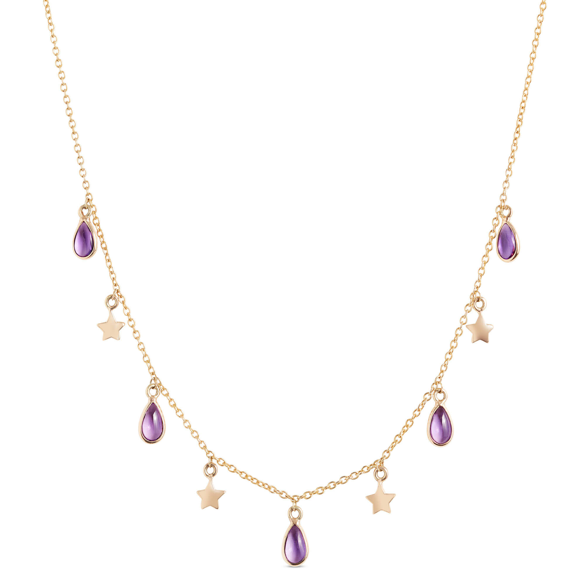 Amethyst and Gold Star Dangle Necklace, 14K Yellow Gold