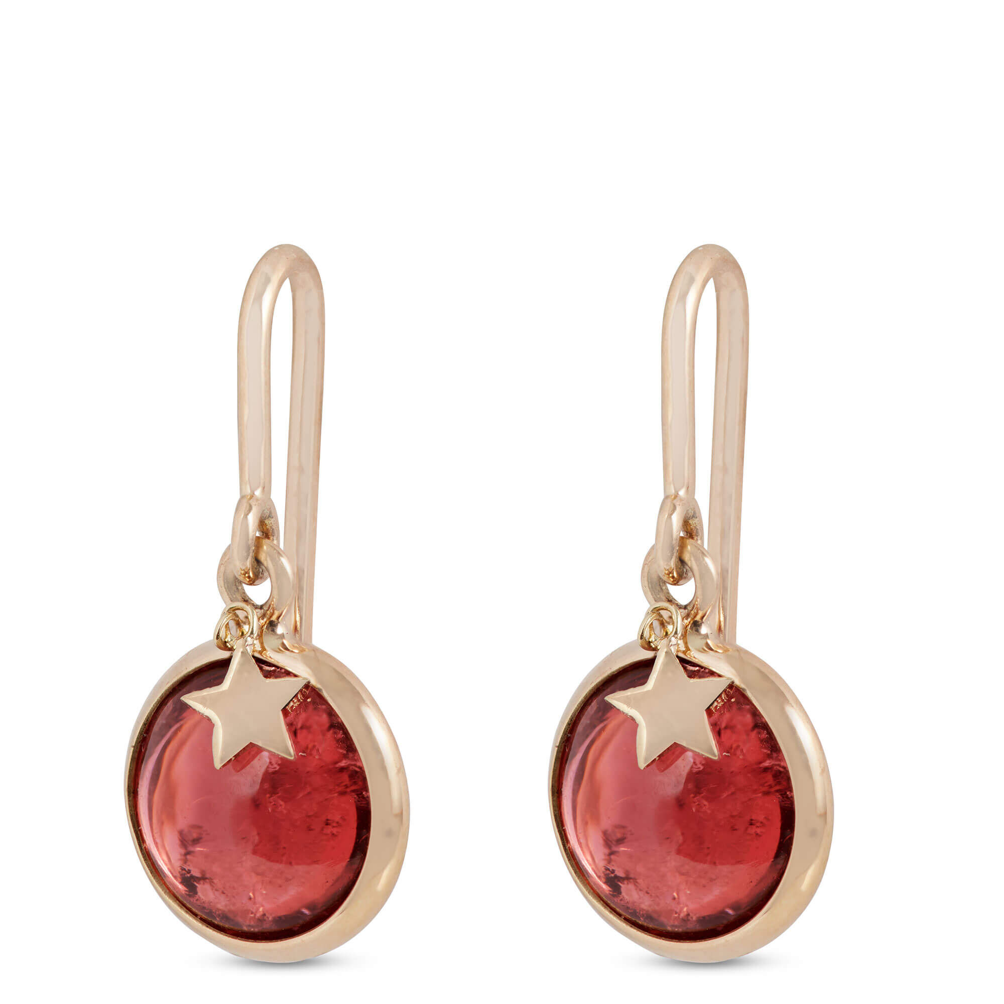 Round Pink Tourmaline Earrings with Star Overlay in 14K Yellow Gold