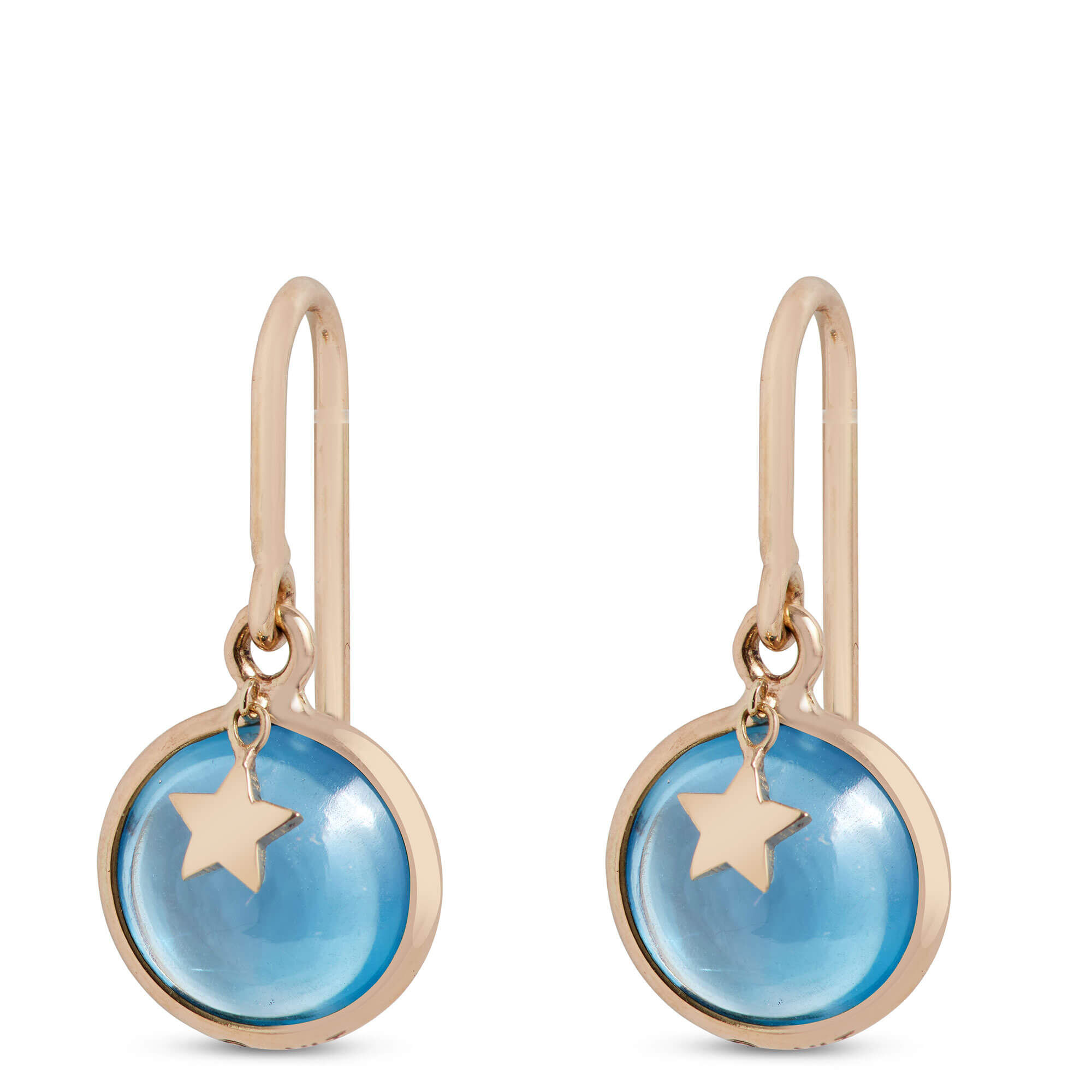 Round Blue Topaz Earrings with Star Overlay, 14K Yellow Gold