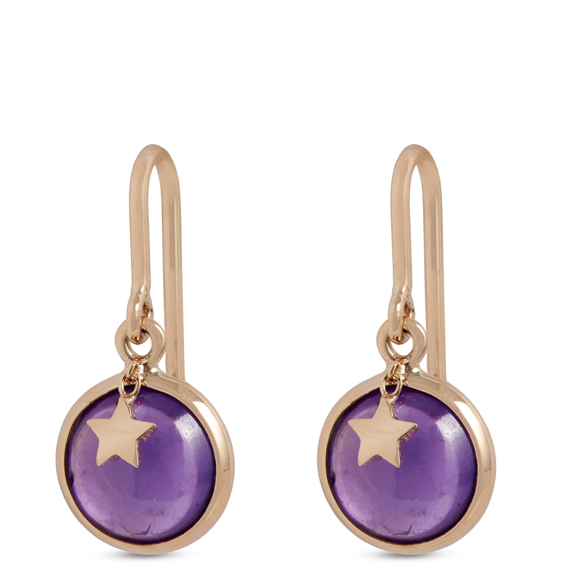 Round Amethyst Earrings with Star Overlay, 14K Yellow Gold
