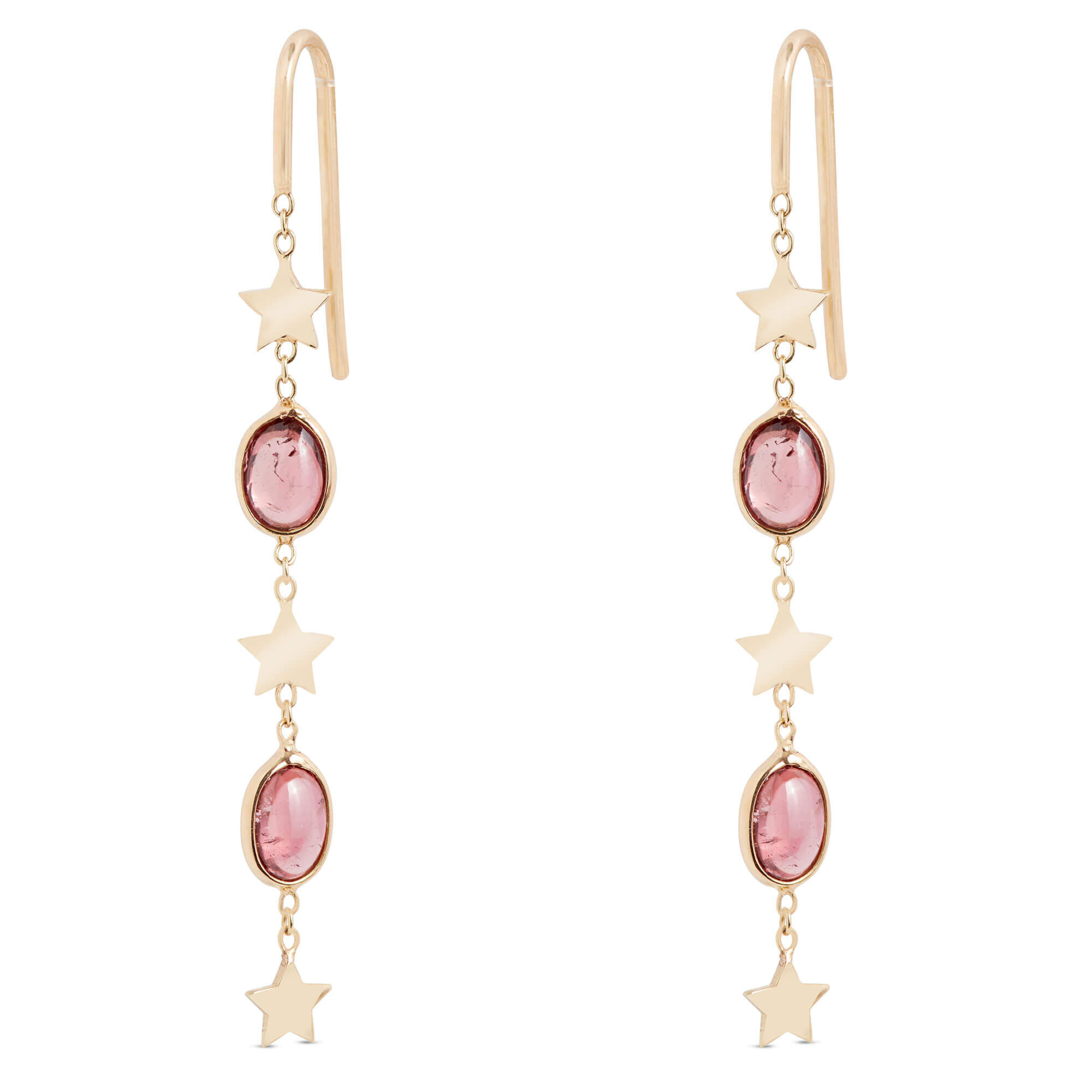 Oval Pink Tourmaline Dangle Earrings, 14K Yellow Gold