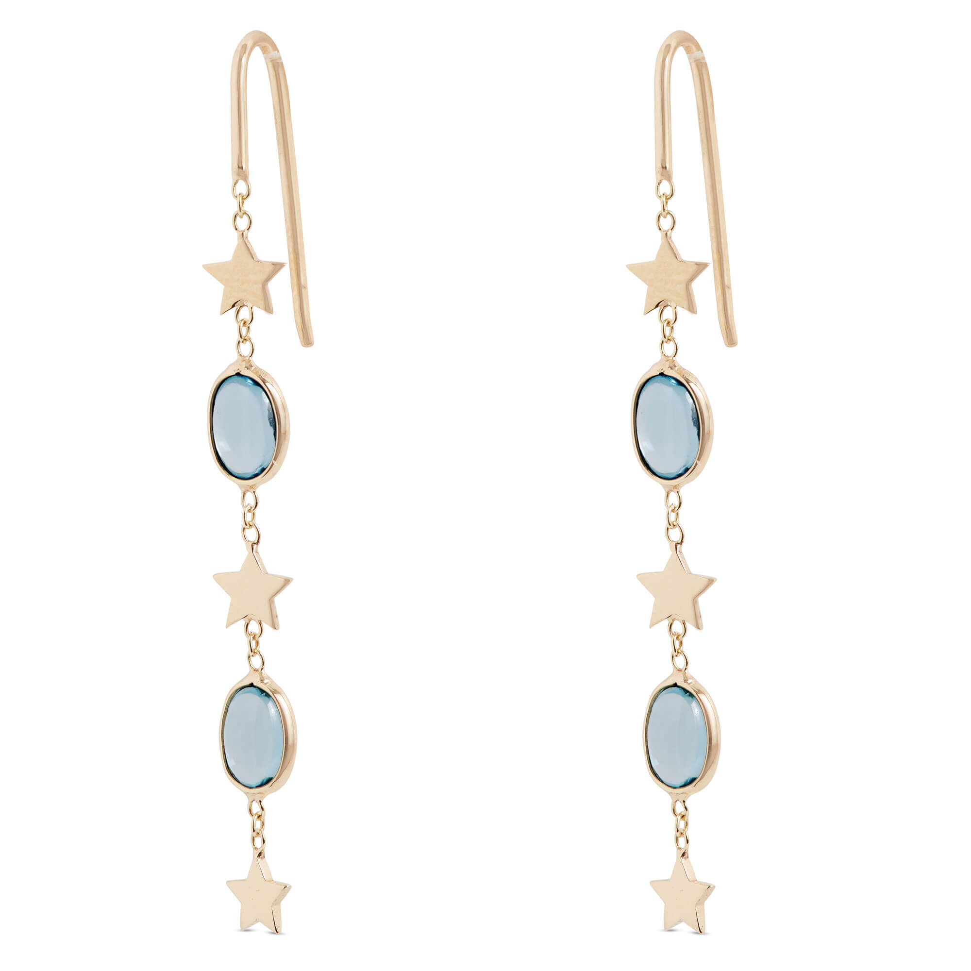 Oval Blue Topaz Dangle Earrings, 14K Yellow Gold