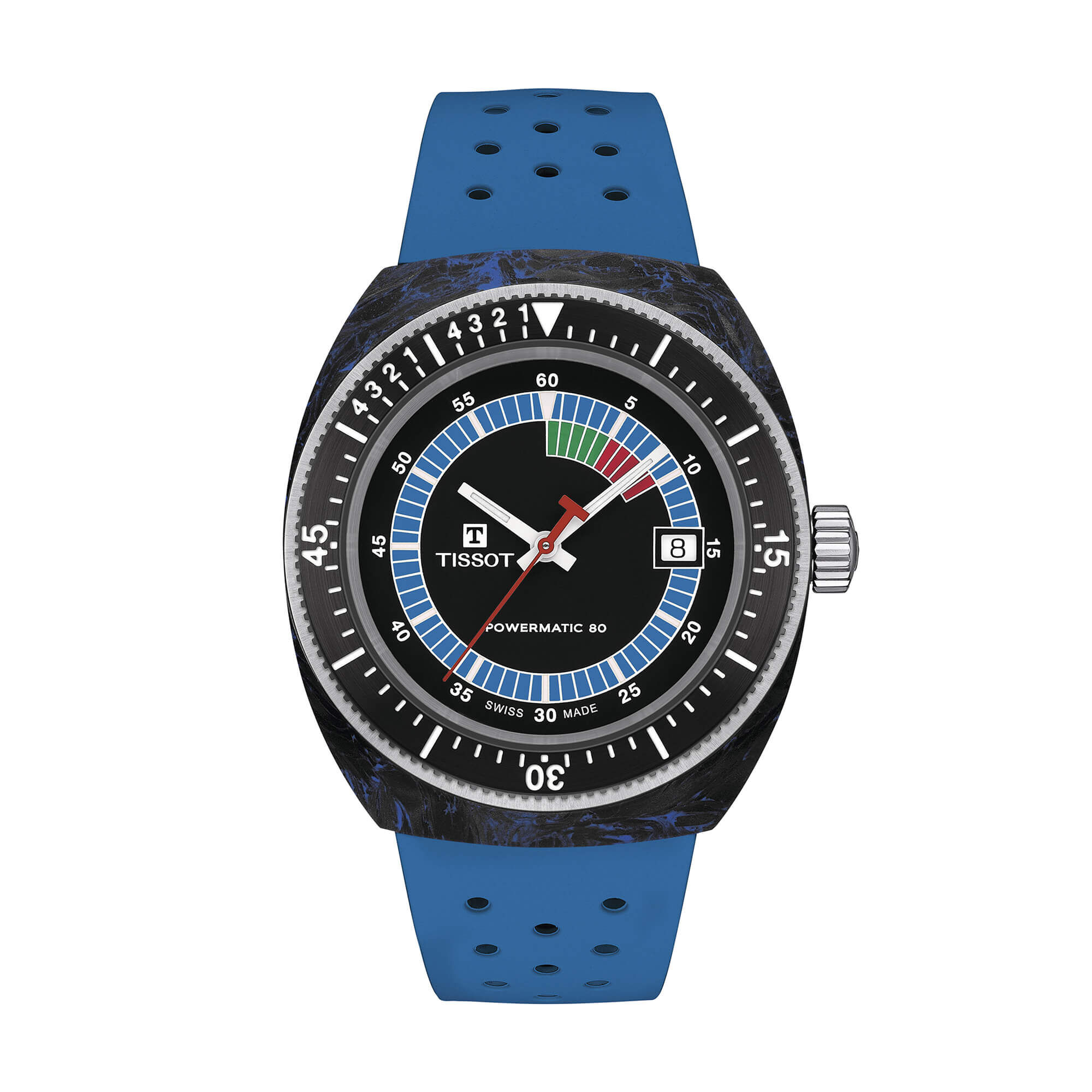 Tissot Siderals Powermatic 80 Watch Black Dial Blue Rubber Strap, 41mm