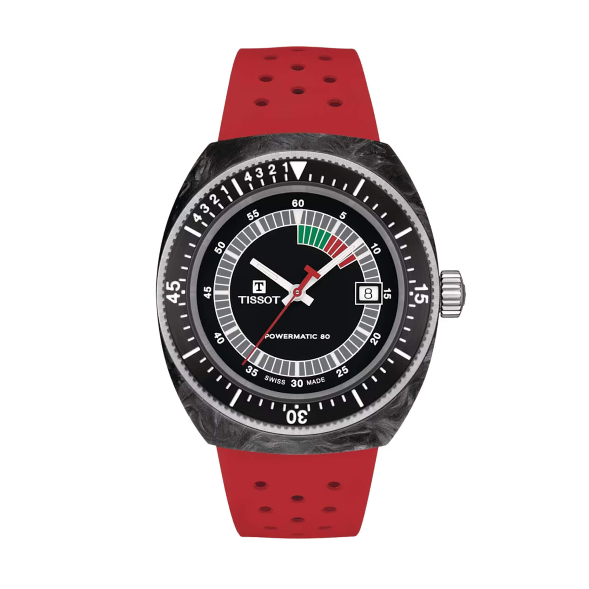 Tissot Siderals Powermatic 80 Watch Black Dial Red Rubber Strap, 41mm