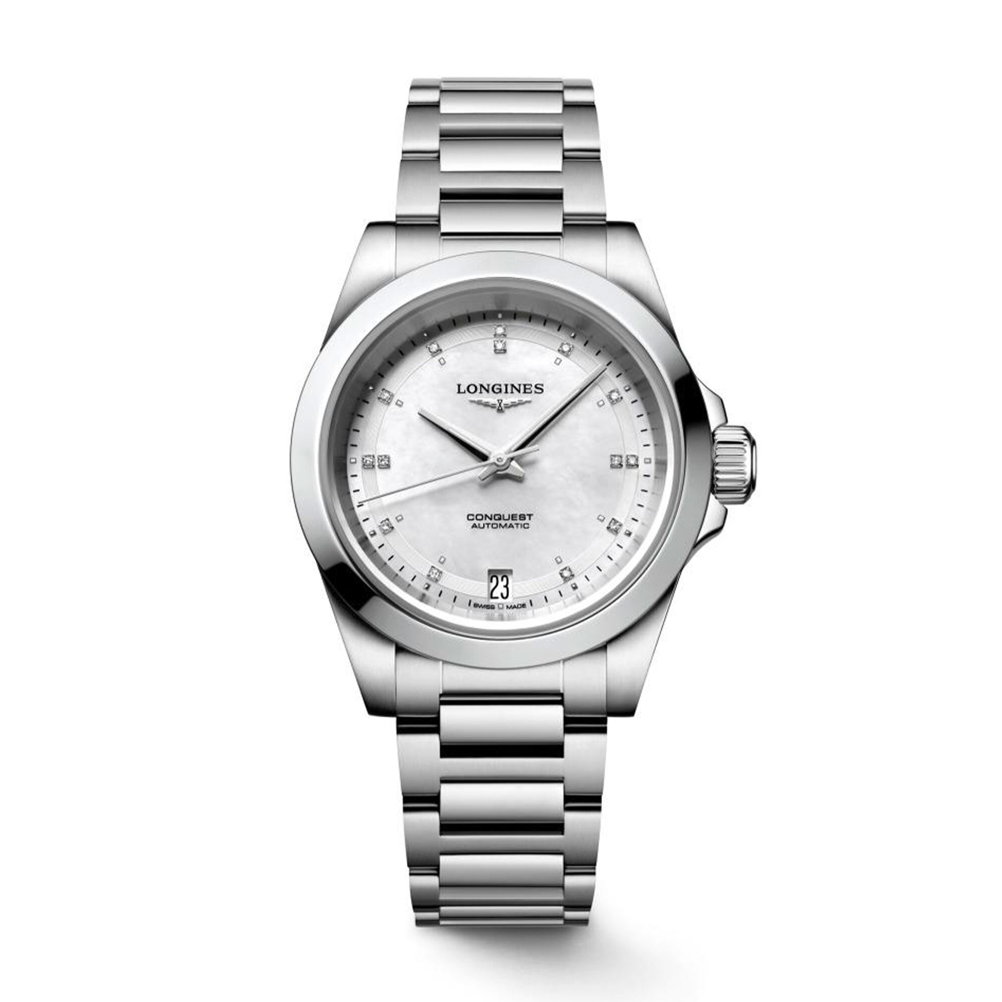 Longines Conquest Automatic Diamond White Mother of Pearl Dial Watch, 34mm