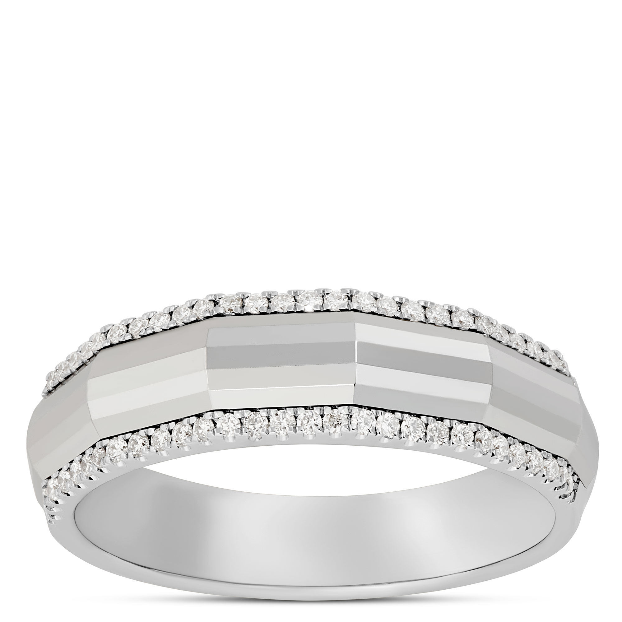 Faceted Ring with Side Profile Round Diamonds, 14K White Gold