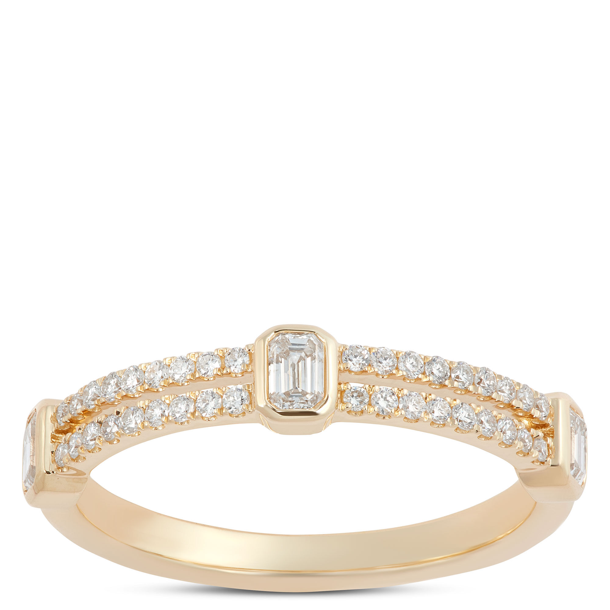 Double Row Baguette and Round Cut Diamond Anniversary Band, 14K Yellow Gold