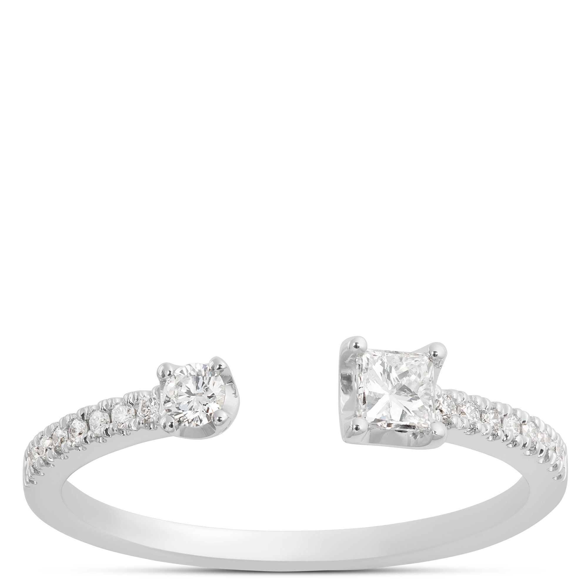 Open Center Princess and Round Diamond Ring, 14K White Gold