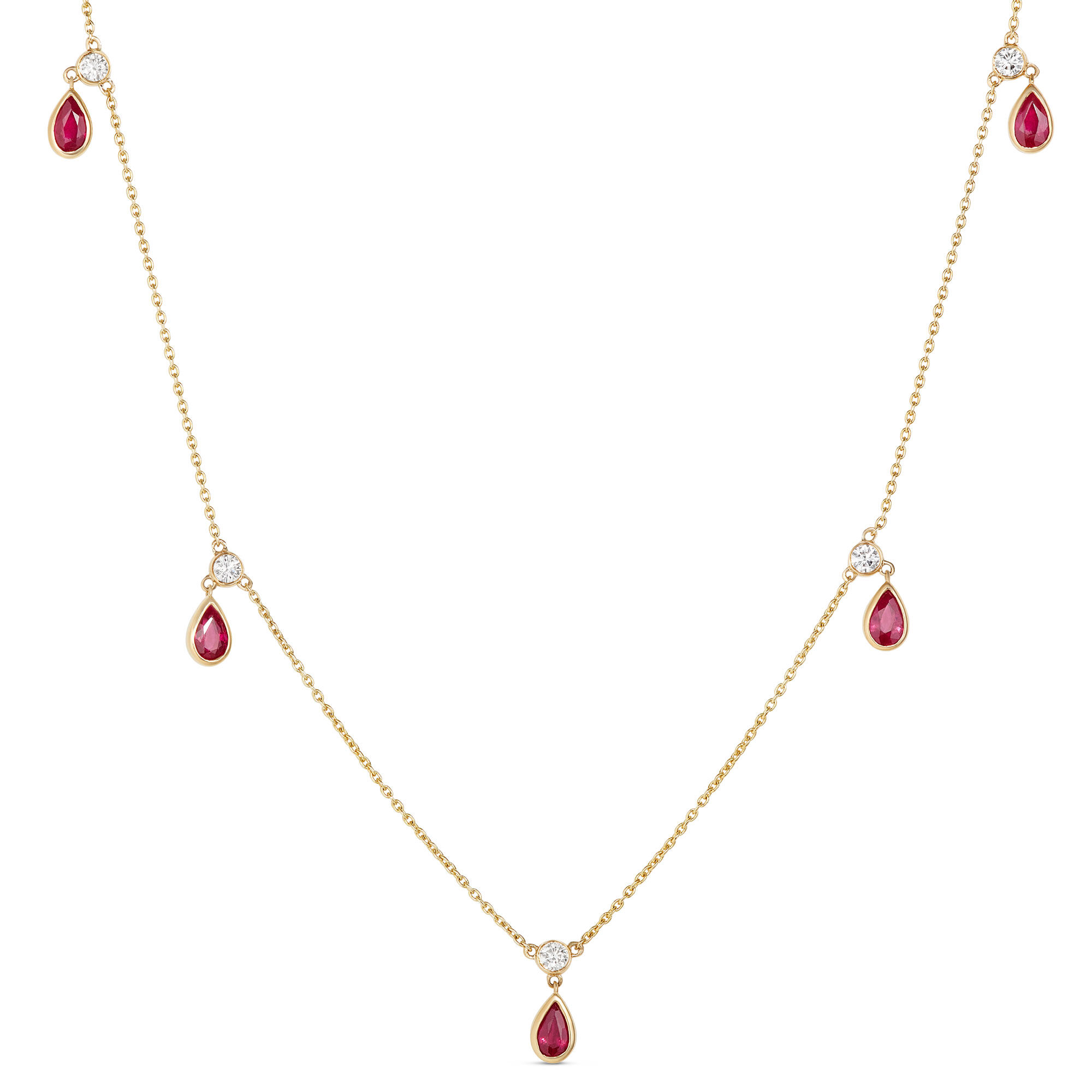 Bezel Set Pear Shaped Ruby Drops Necklace, 14K Yellow Gold