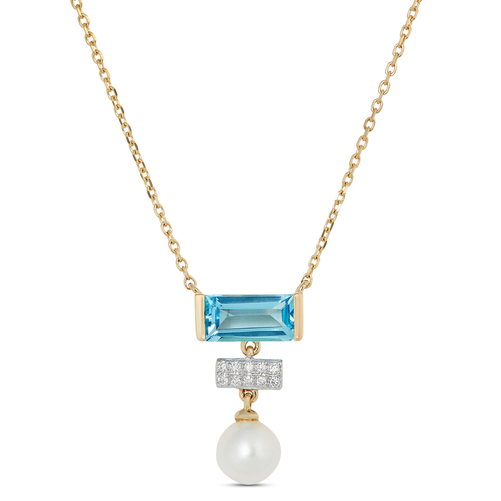 Pearl, Blue Topaz and Diamond Necklace, 14K Yellow Gold