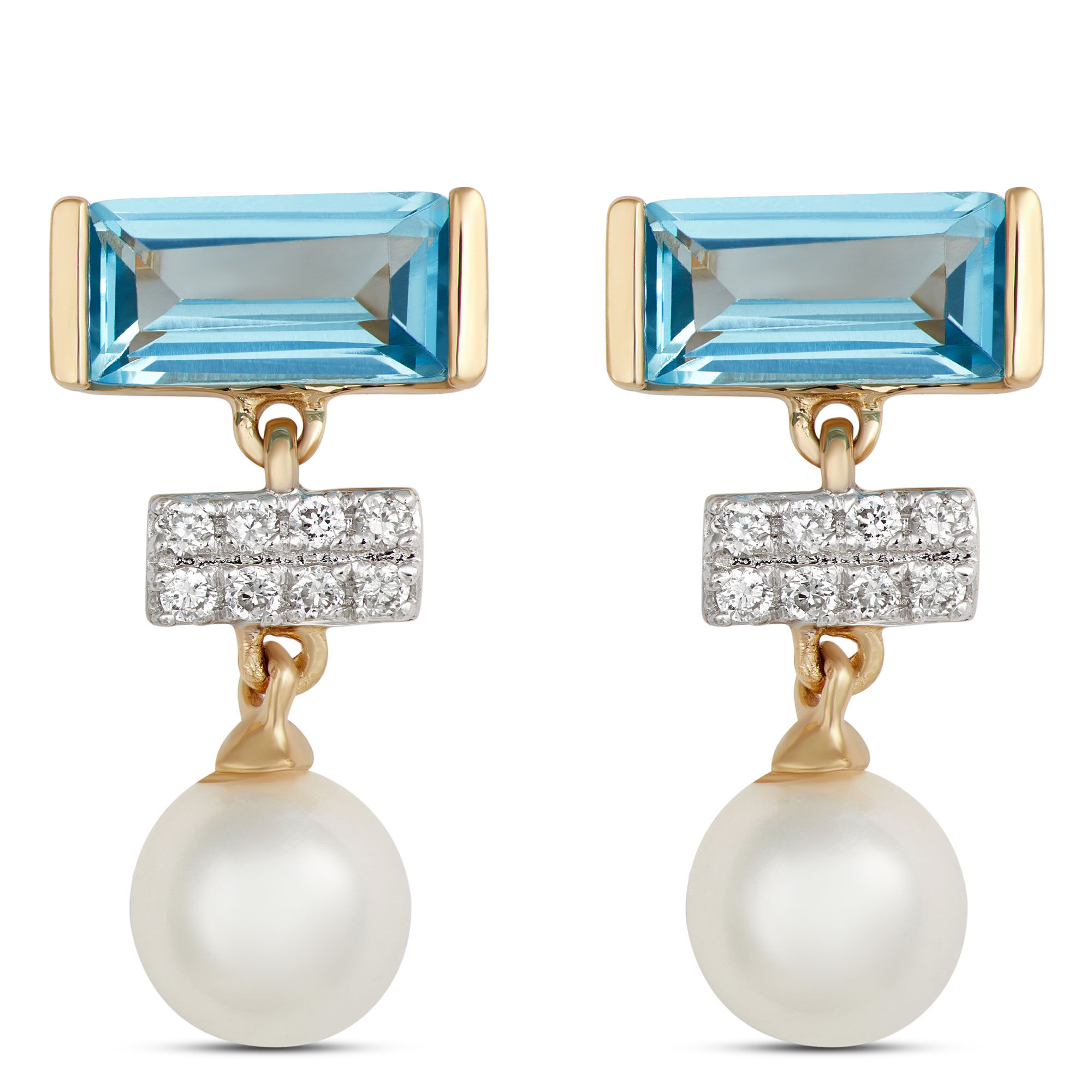 Pearl, Blue Topaz and Diamond Earrings, 14K Yellow Gold