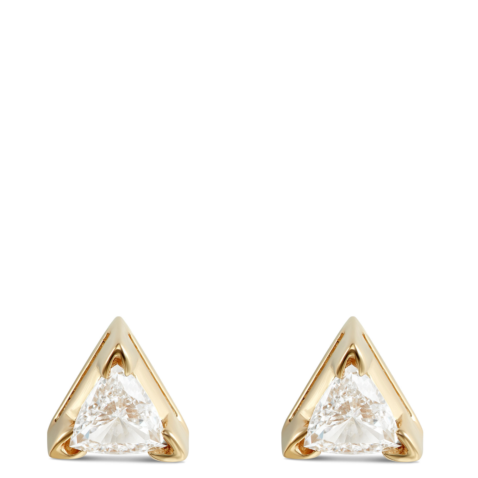 Unique Solitaire Trillion Diamond Earrings, 14K Yellow Gold