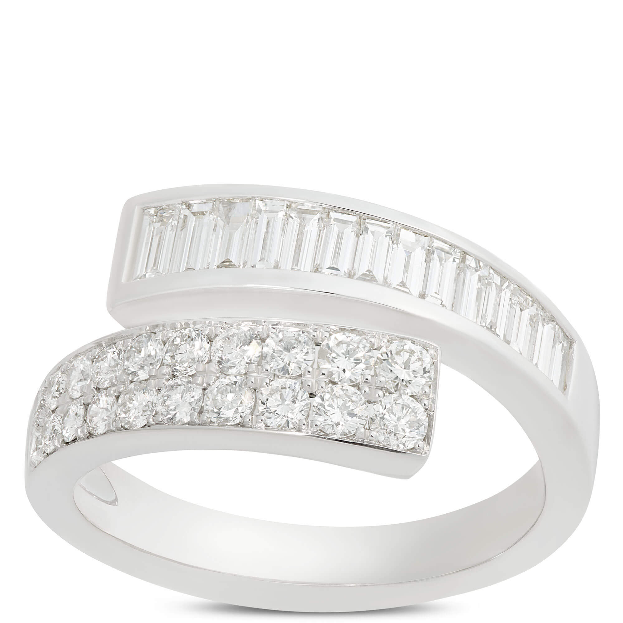 Baguette and Round Cut Diamond Bypass Ring, 14K White Gold