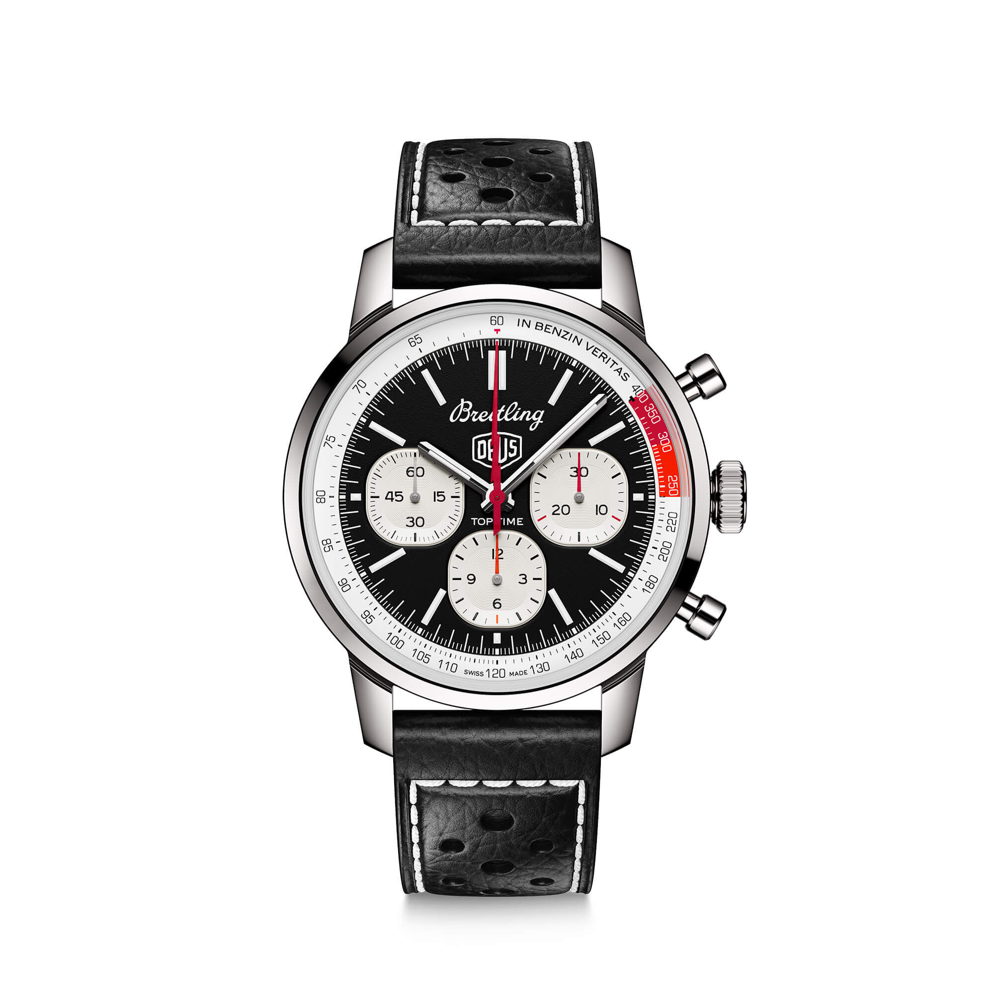 Breitling Top Time B01 Deus Chronograph Watch Black Dial Black Leather Strap, 41mm