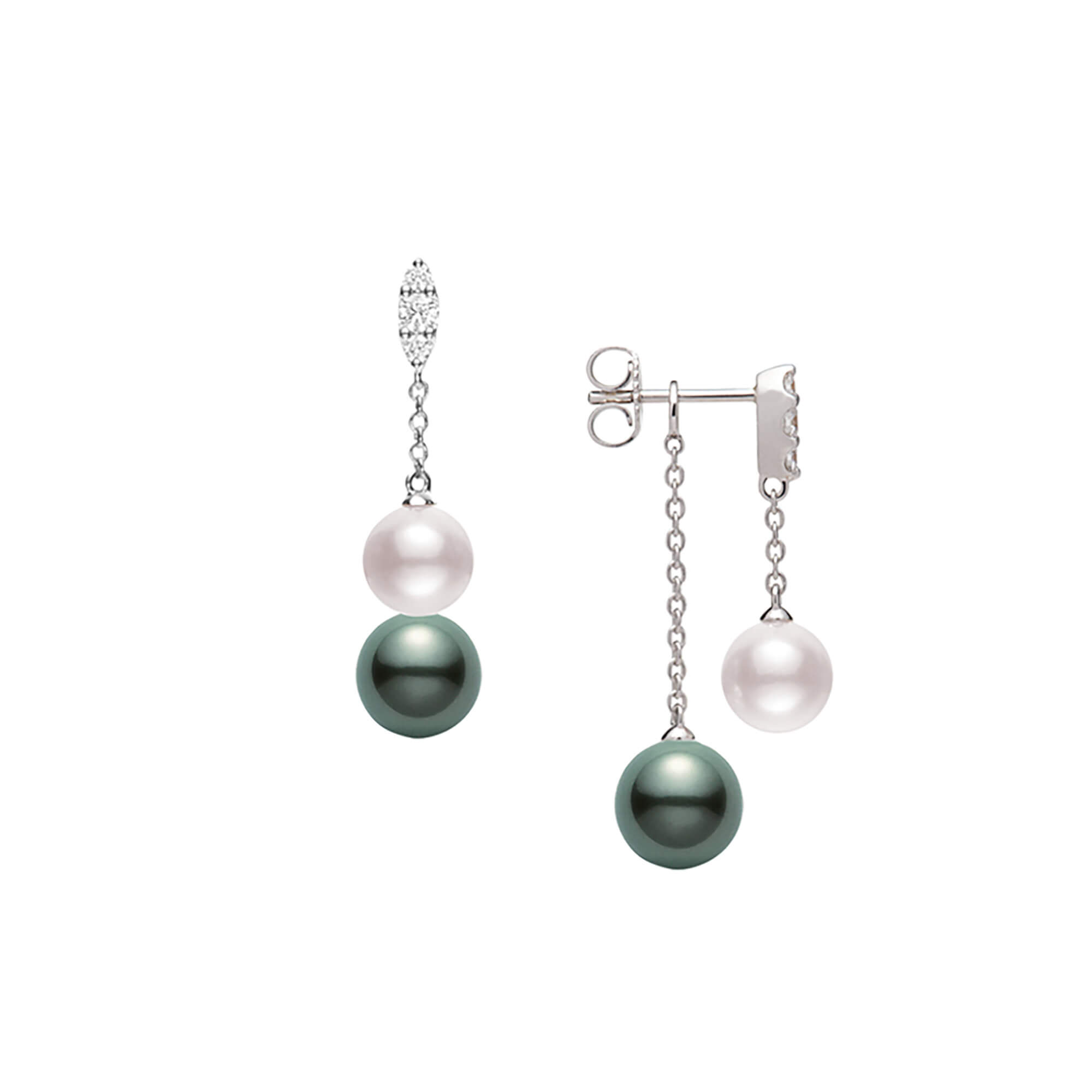 Mikimoto Morning Dew Akoya Cultured and Black South Sea Cultured Pearl Earrings with Diamonds, 18K White Gold