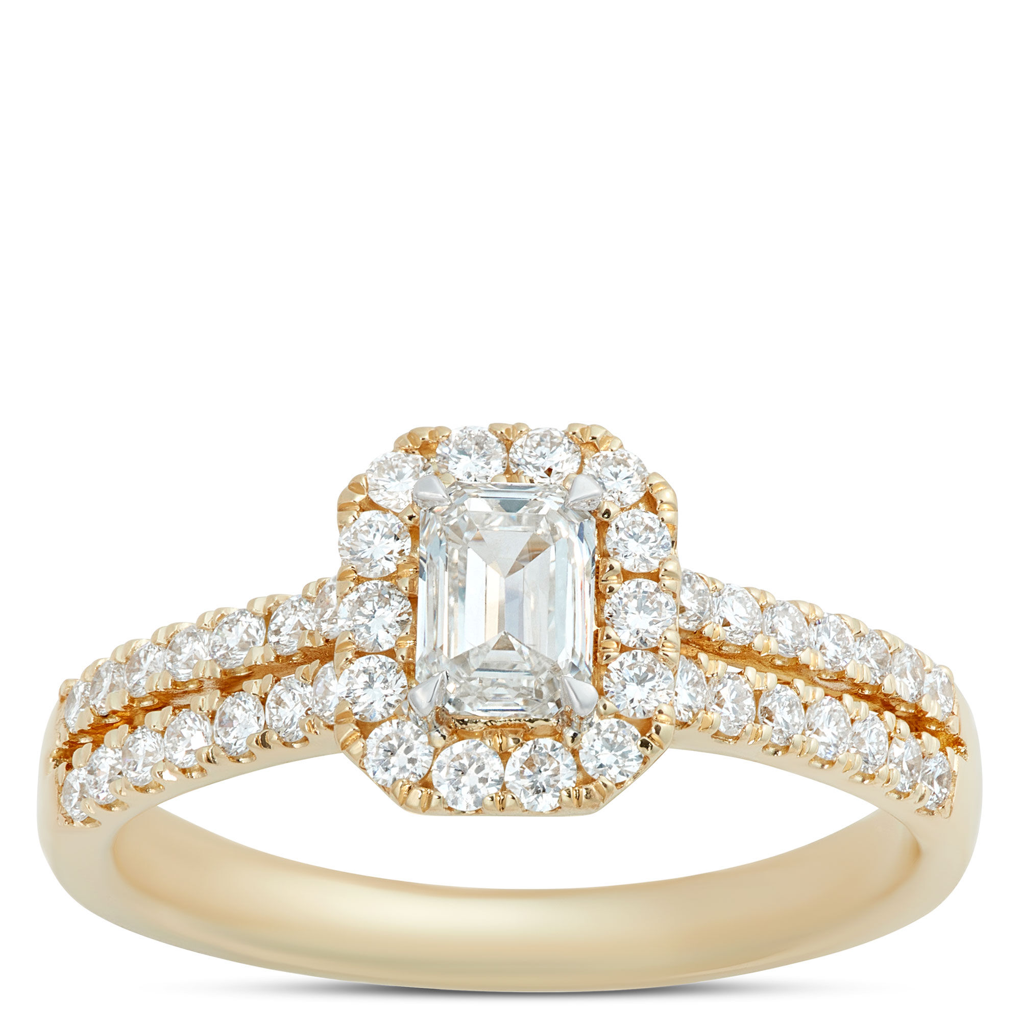 Double Shank Emerald Cut Diamond Halo Ring in 14K Yellow Gold