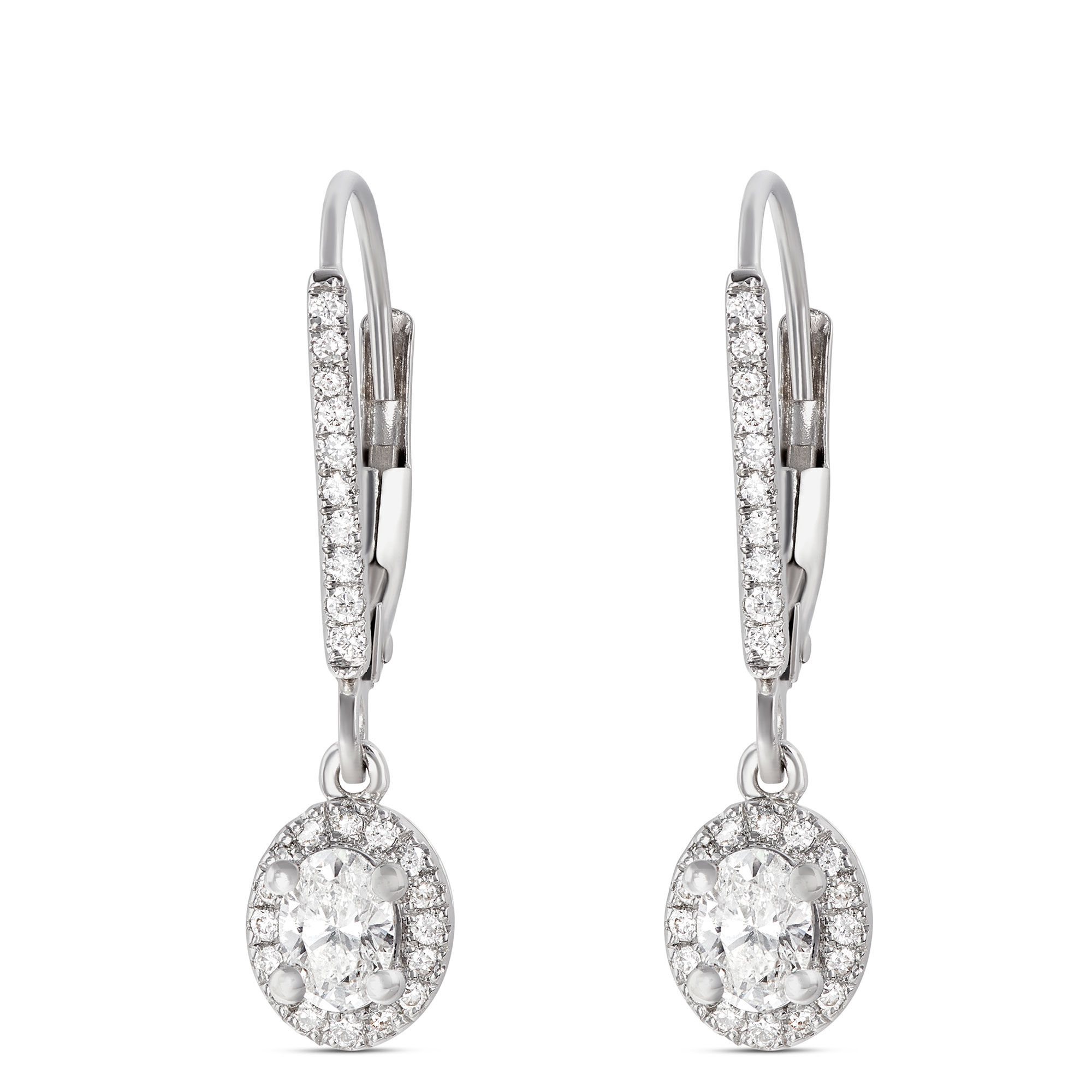 Oval Diamond Leverback Earrings, 14K White Gold