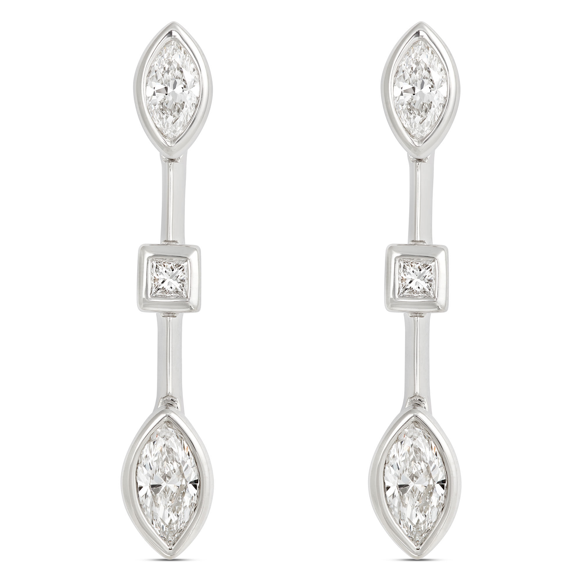 Triple Drop Marquise, Princess Diamond Earrings, 14K White Gold