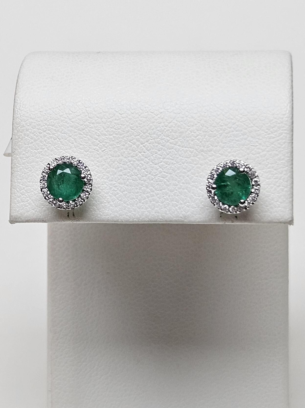 Round Cut Emerald and Diamond Studs, 14K White Gold