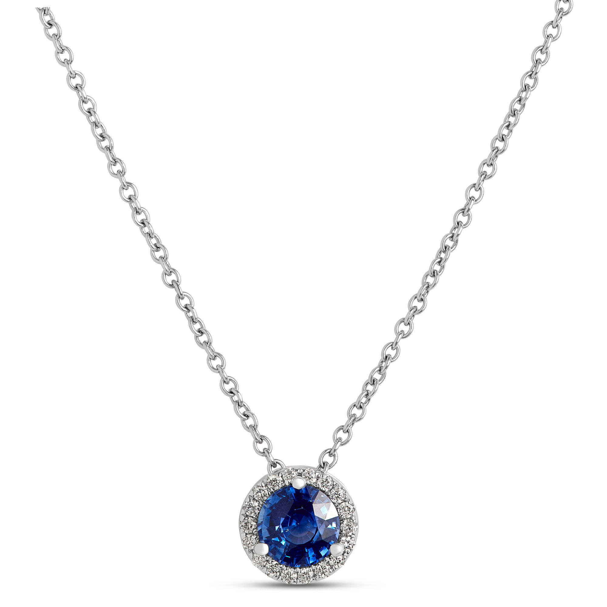 Round Sapphire and Diamond Pendant, 14K White Gold