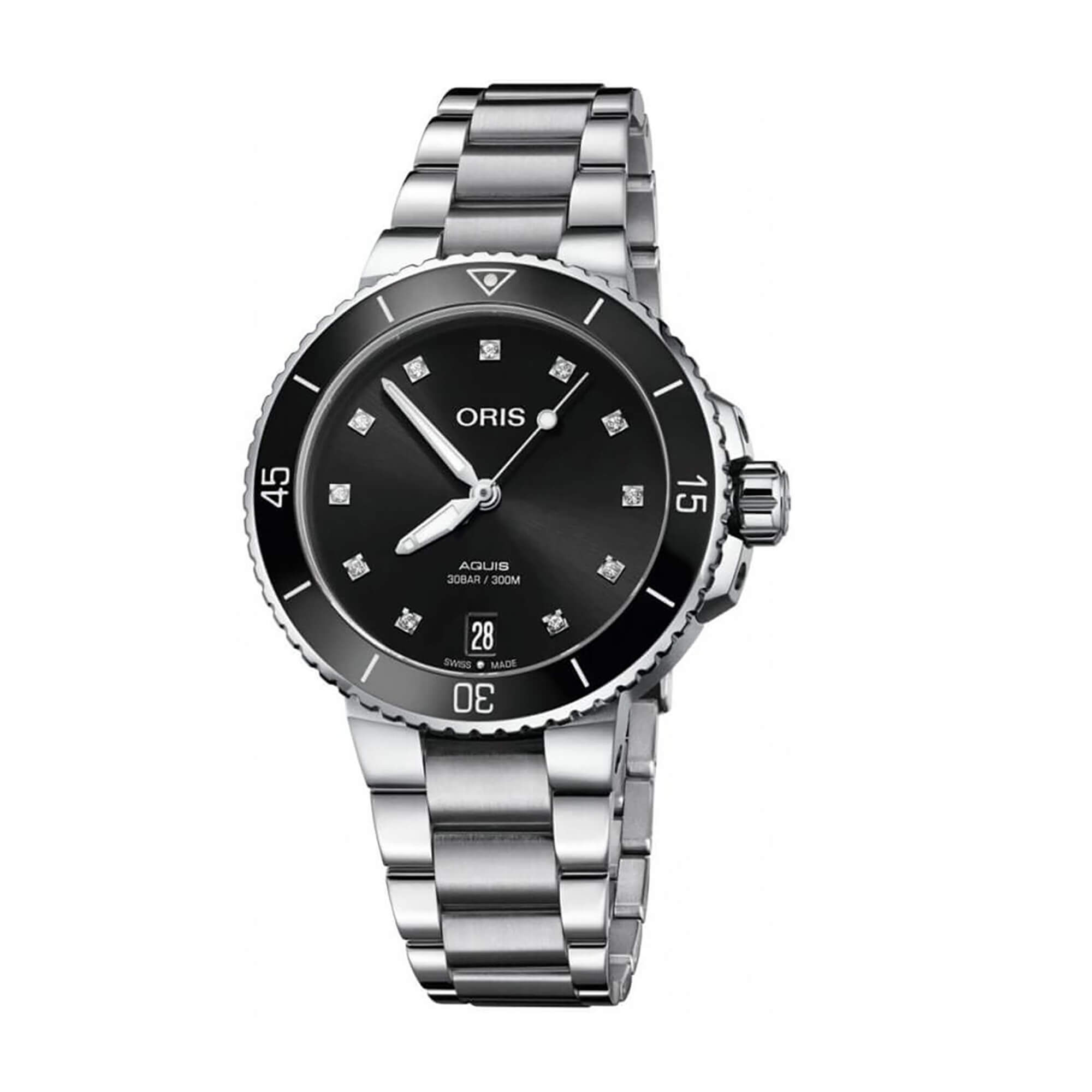 Oris Aquis Date Diamond Watch Black Dial Steel Bracelet, 36.5mm
