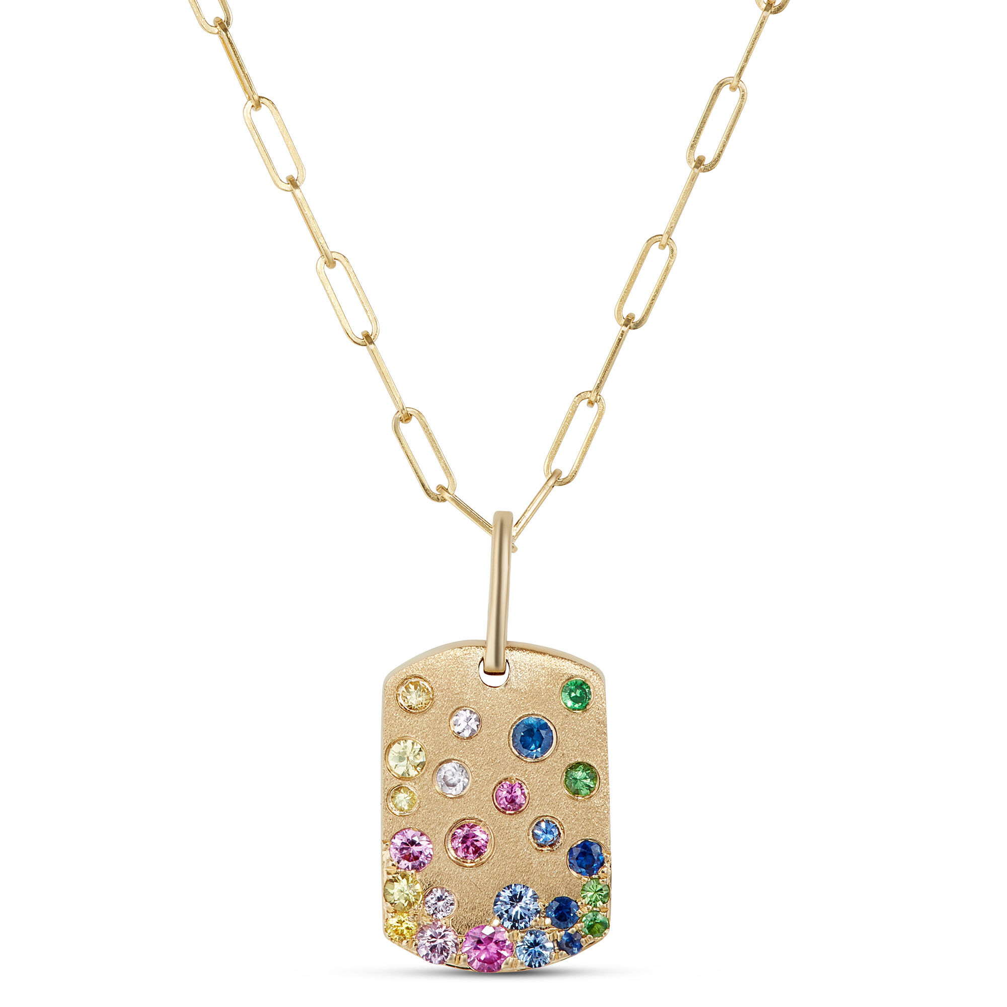 Confetti Sapphire and Tsavorite Dogtag Pendant, 14K Yellow Gold