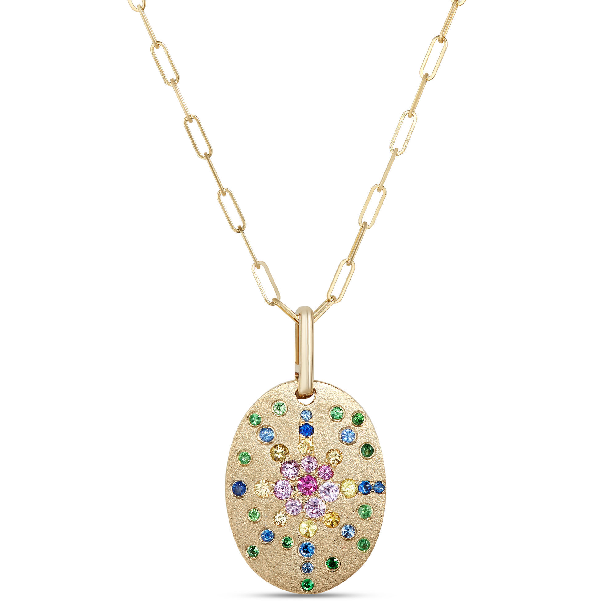 Oval Shaped Confetti Gemstone Pendant, 14K Yellow Gold