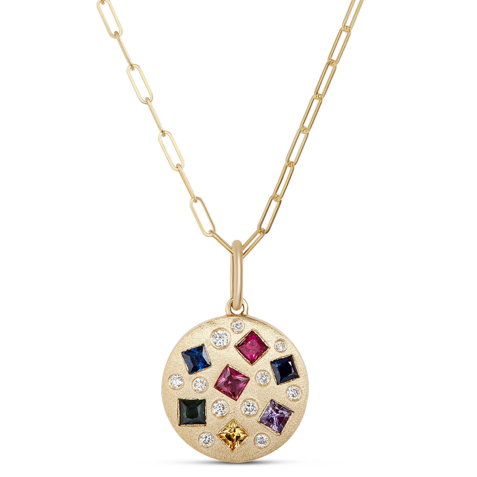 Confetti Rainbow Sapphire and Diamond Pendant, 14K Yellow Gold