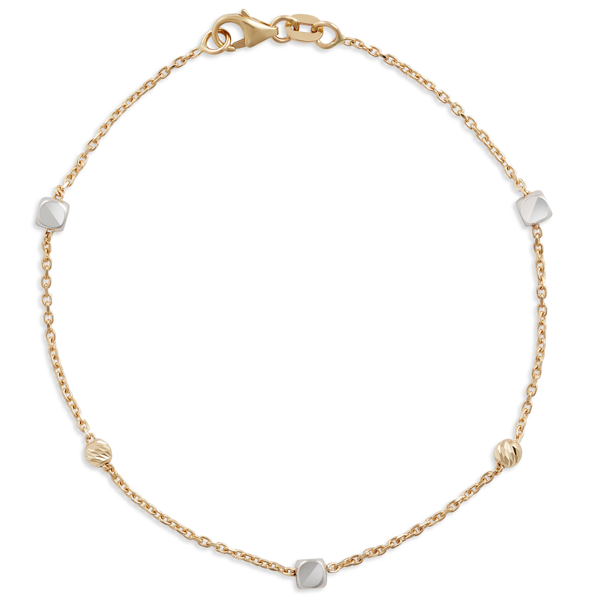 7-Inch Cube and Round Bead Station Bracelet, 14K Yellow Gold