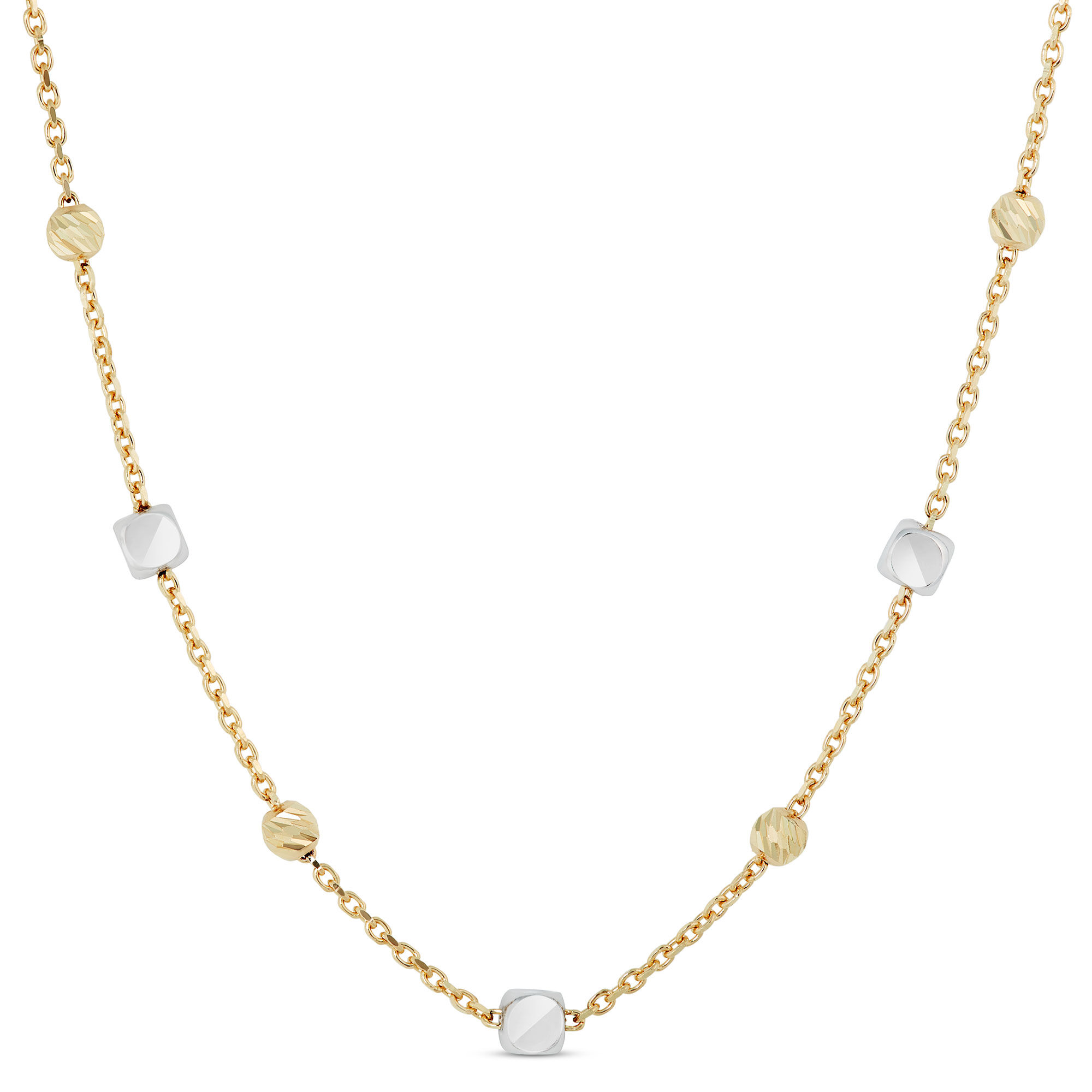 18-Inch Cube and Round Bead Station Necklace, 14K Yellow Gold