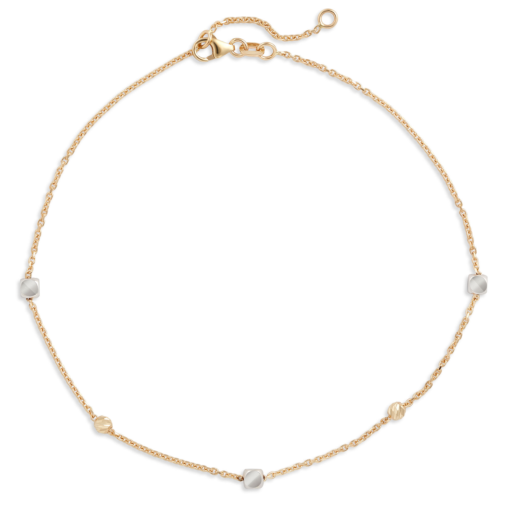 10-Inch Cube and Round Bead Station Anklet, 14K Yellow Gold