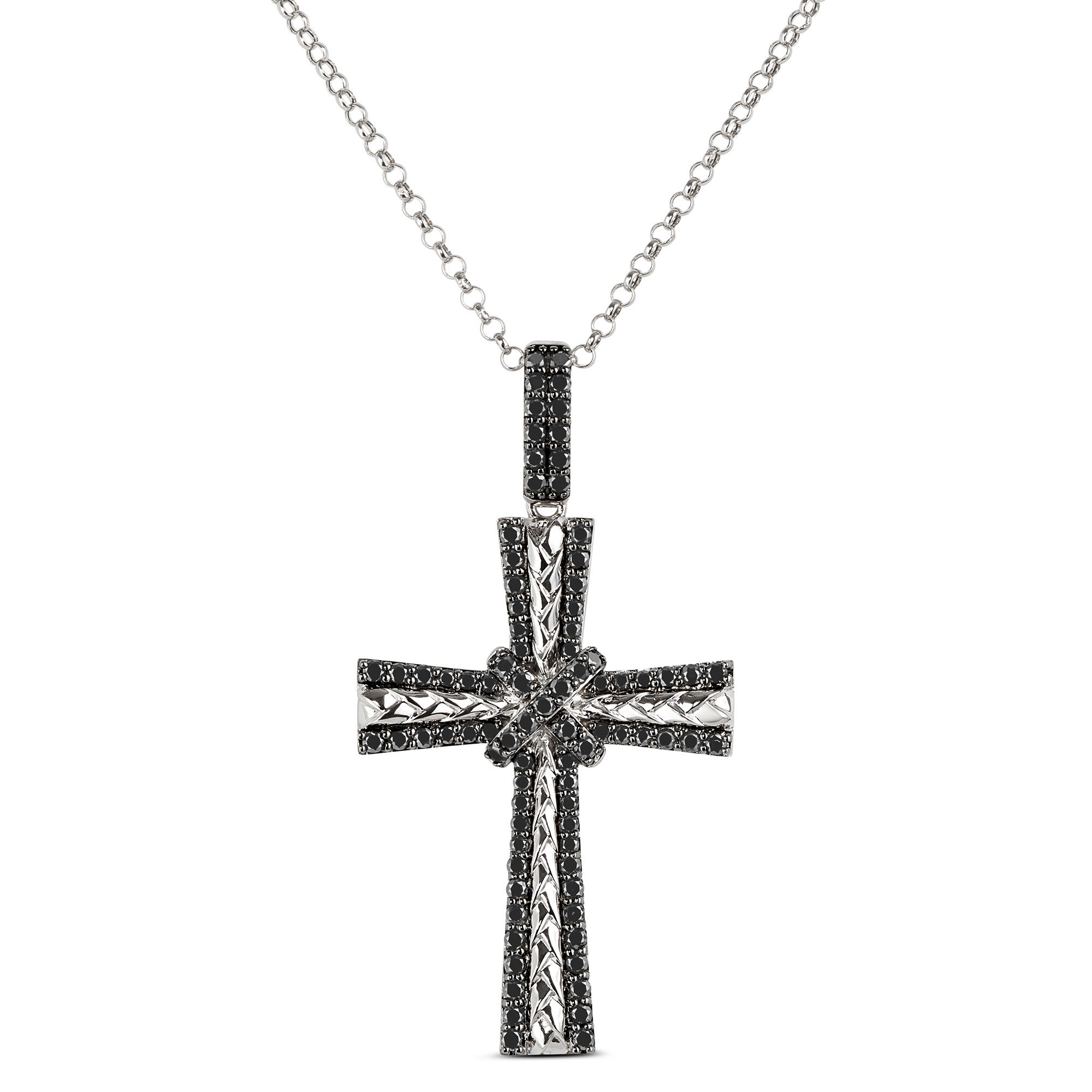 Black Diamond Cross Pendant, 14K White Gold