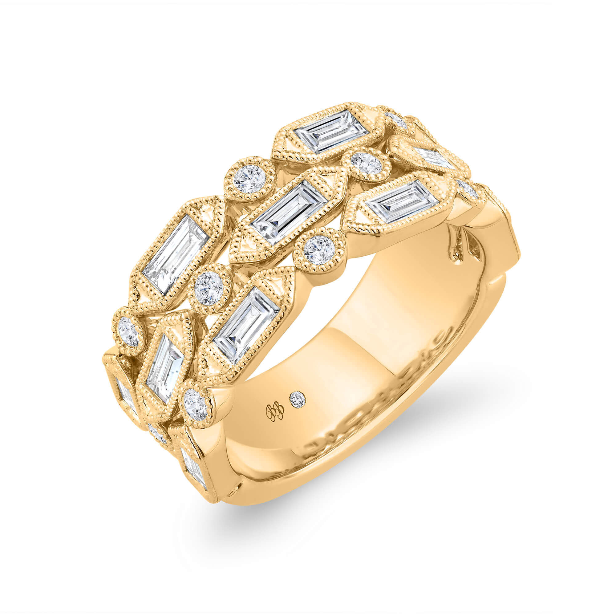Bella Ponte Three-Row Milgrain Diamond Bridal Engagement Ring, 14K Yellow Gold