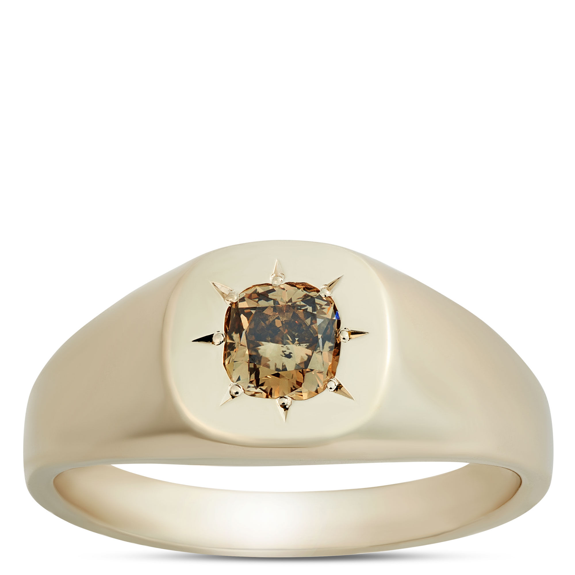 Cushion Cut Brown Diamond Signet Ring, 14K Yellow Gold
