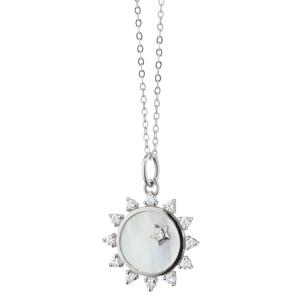 Monica Rich Kosann Mini Mother of Pearl Sapphire "Happiness" Sun Charm with White Sapphire Star Accent, 18" Adjustable Chain Sterling Silver