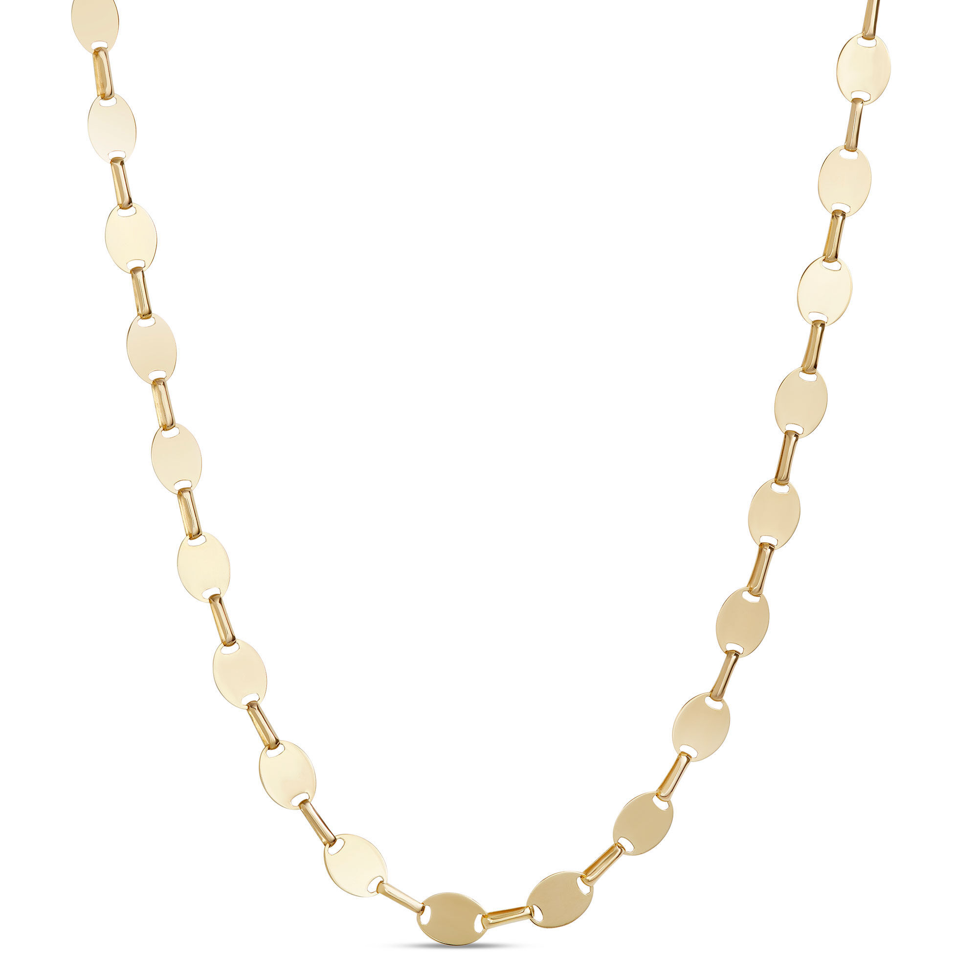 18-Inch Bar and Oval Mirrored Link Necklace, 14K Yellow Gold