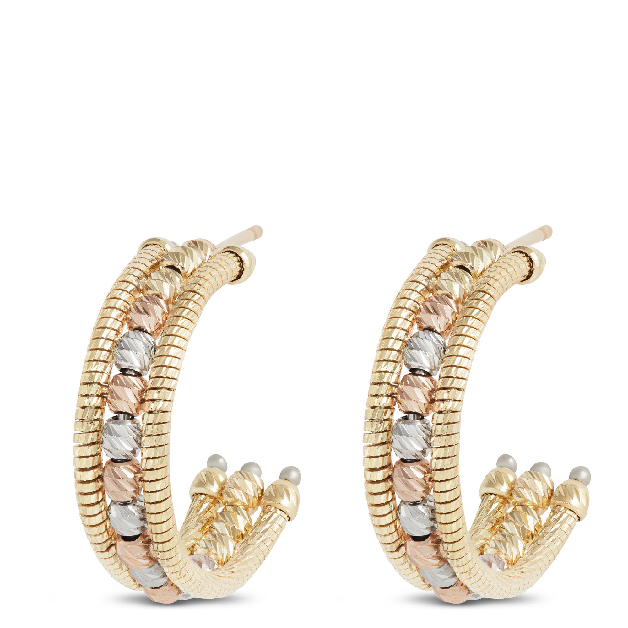 Toscano Tricolor Beaded half-Hoop Earrings, 14K Gold