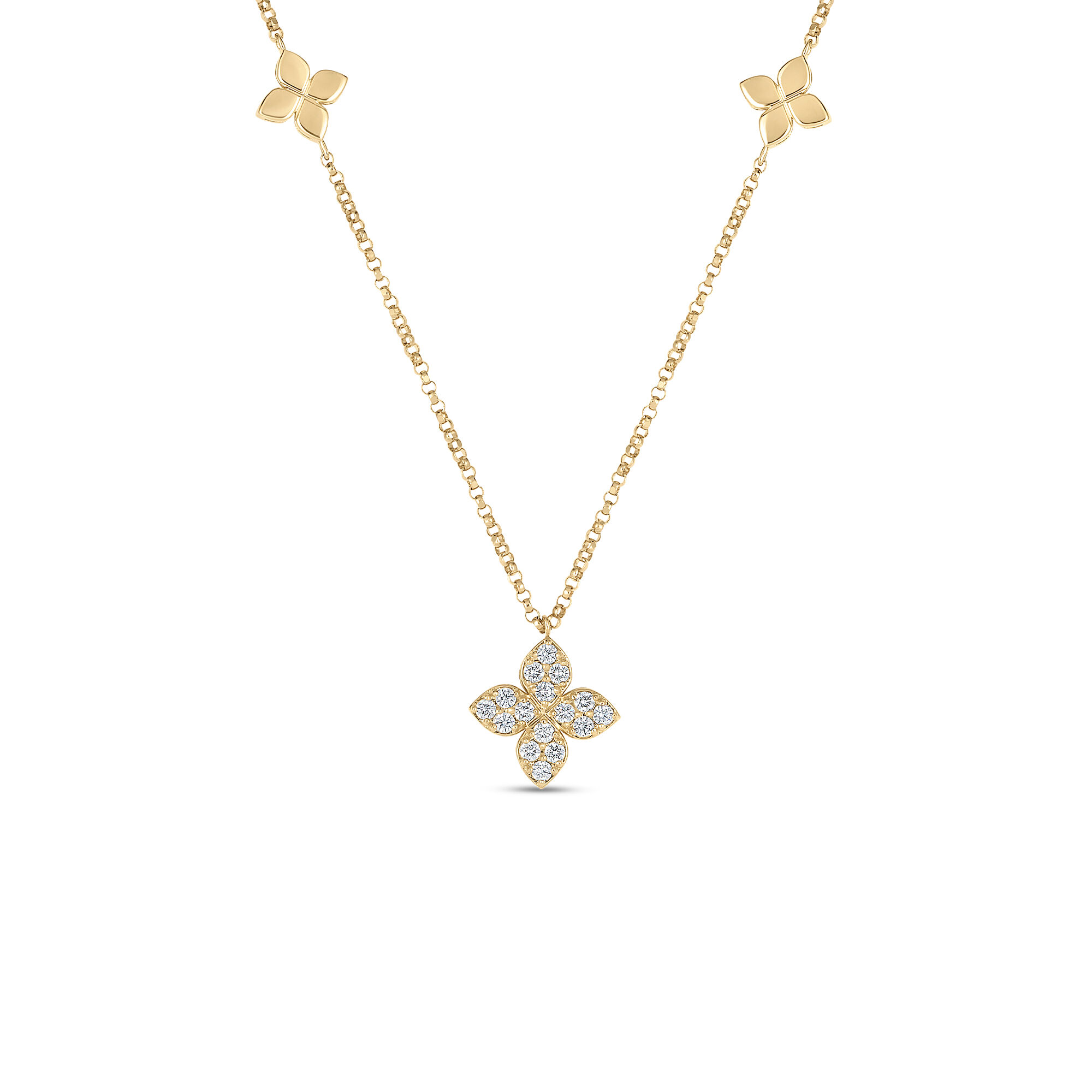 Robert Coin 18k Yellow Gold Love By The Inch Diamond & Polished Flower Station Necklace