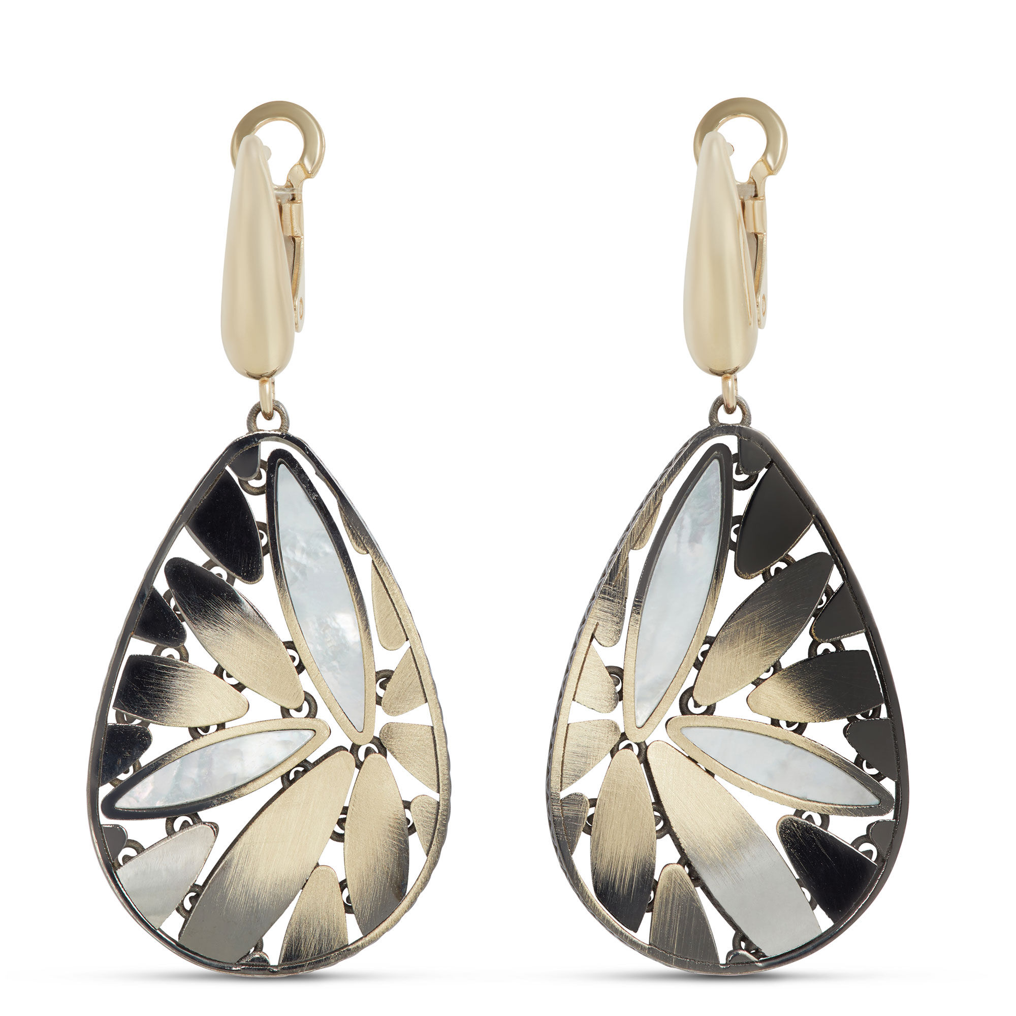 Toscano Pear Shaped Rhodium and Mother of Pearl Earrings, 14K Yellow Gold