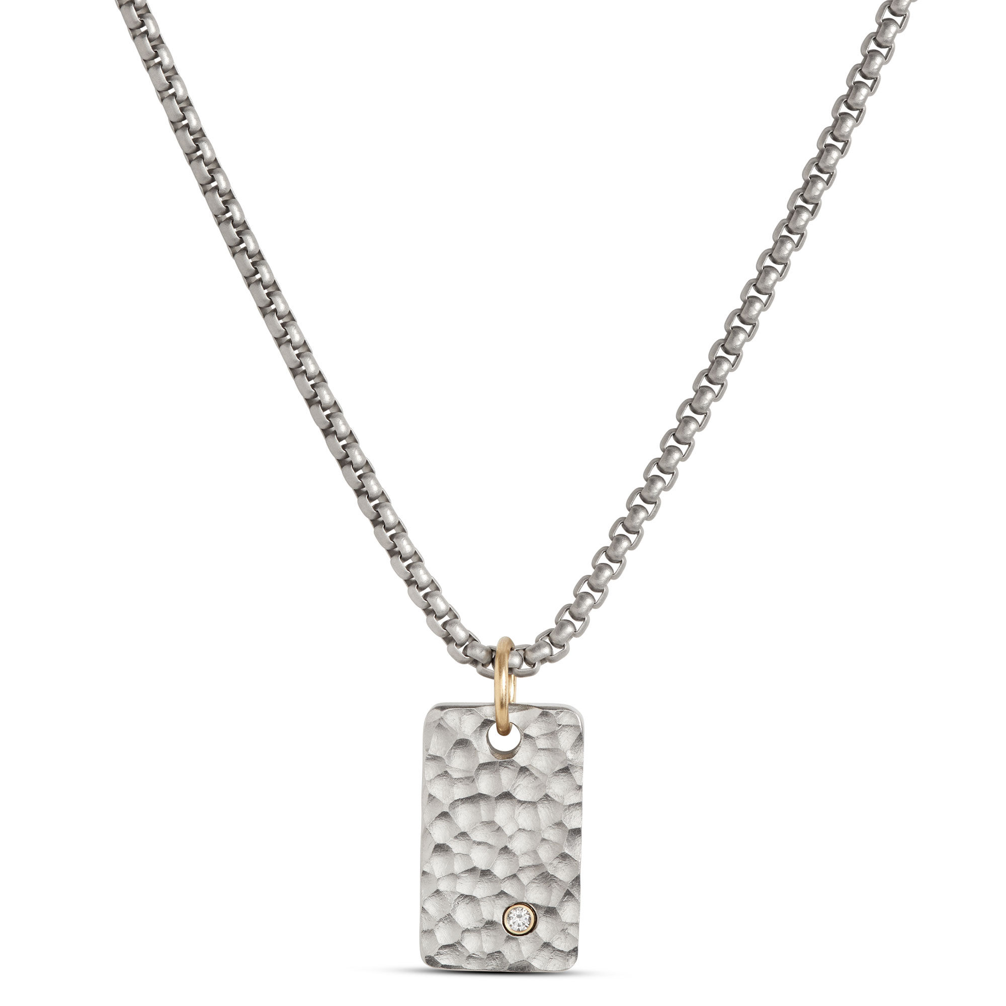 Hammered Stainless Steel Dog Tag with Diamond