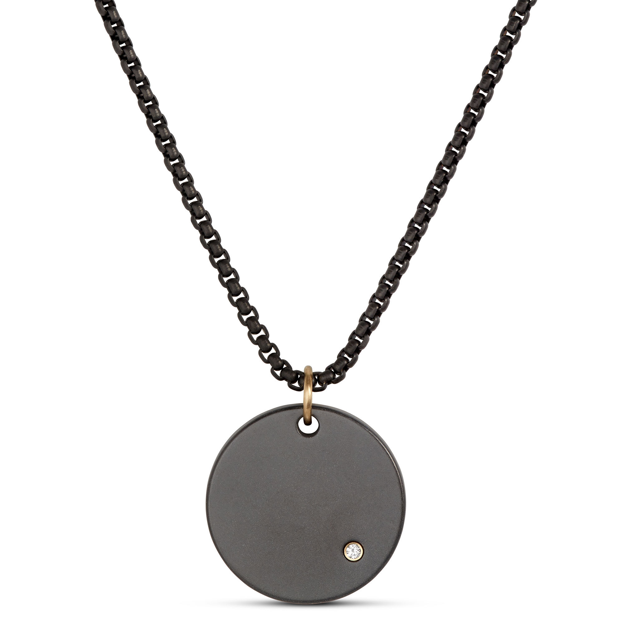 Zirconium Disc Pendant on 24mm Black Stainless-Steel Chain
