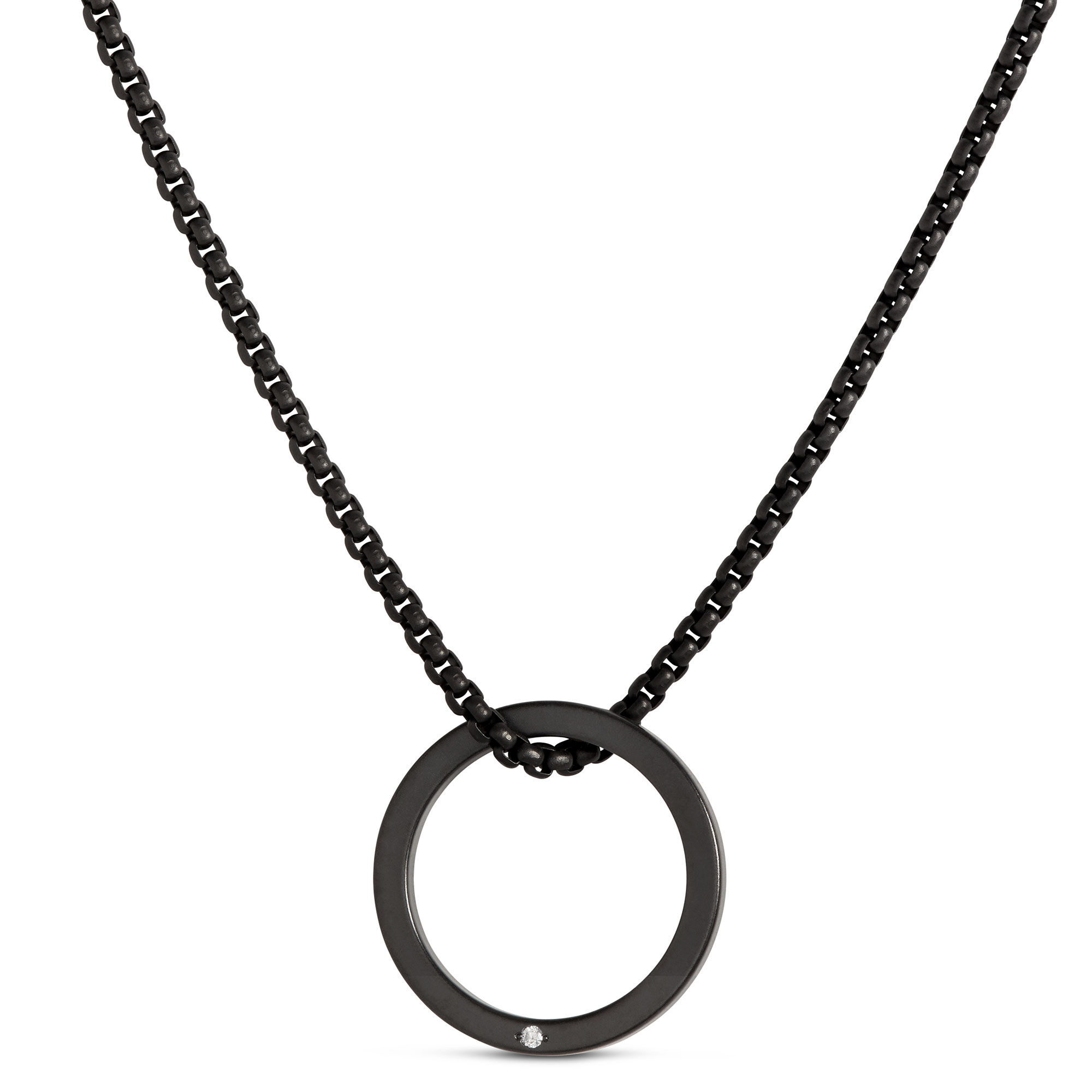 24mm Zirconium Ring Pendant on Black Stainless-Steel Chain