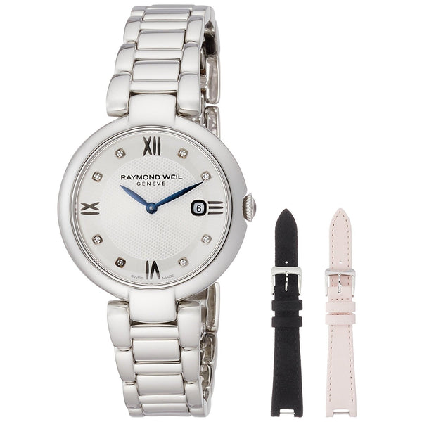 Raymond Weil Women's 1600-ST-RE695 Shine Extra Black and Pink Leather Strap Diamond Stainless Steel Watch